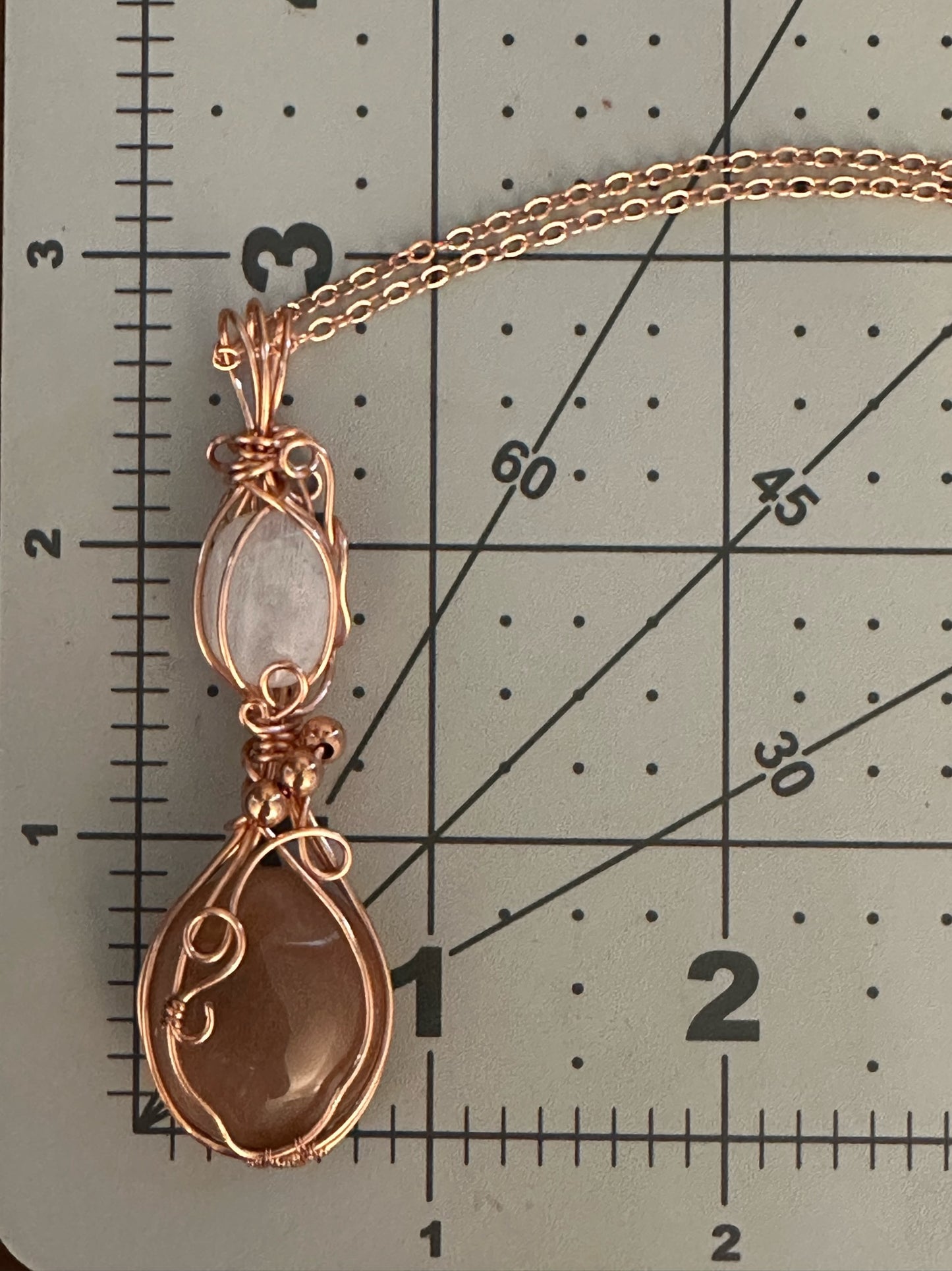 Wire Wrapped Peach and Rainbow Moonstone Double Pendant Statement Piece
