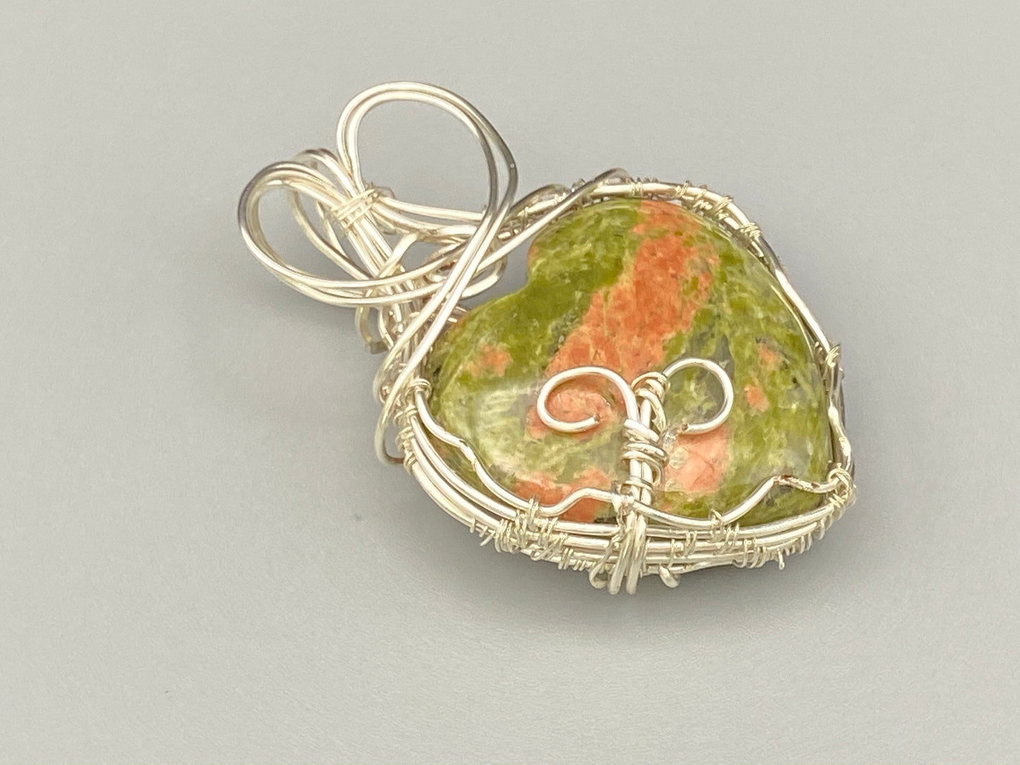 Wire Wrapped Unakite Heart Pendant with Silver Wire