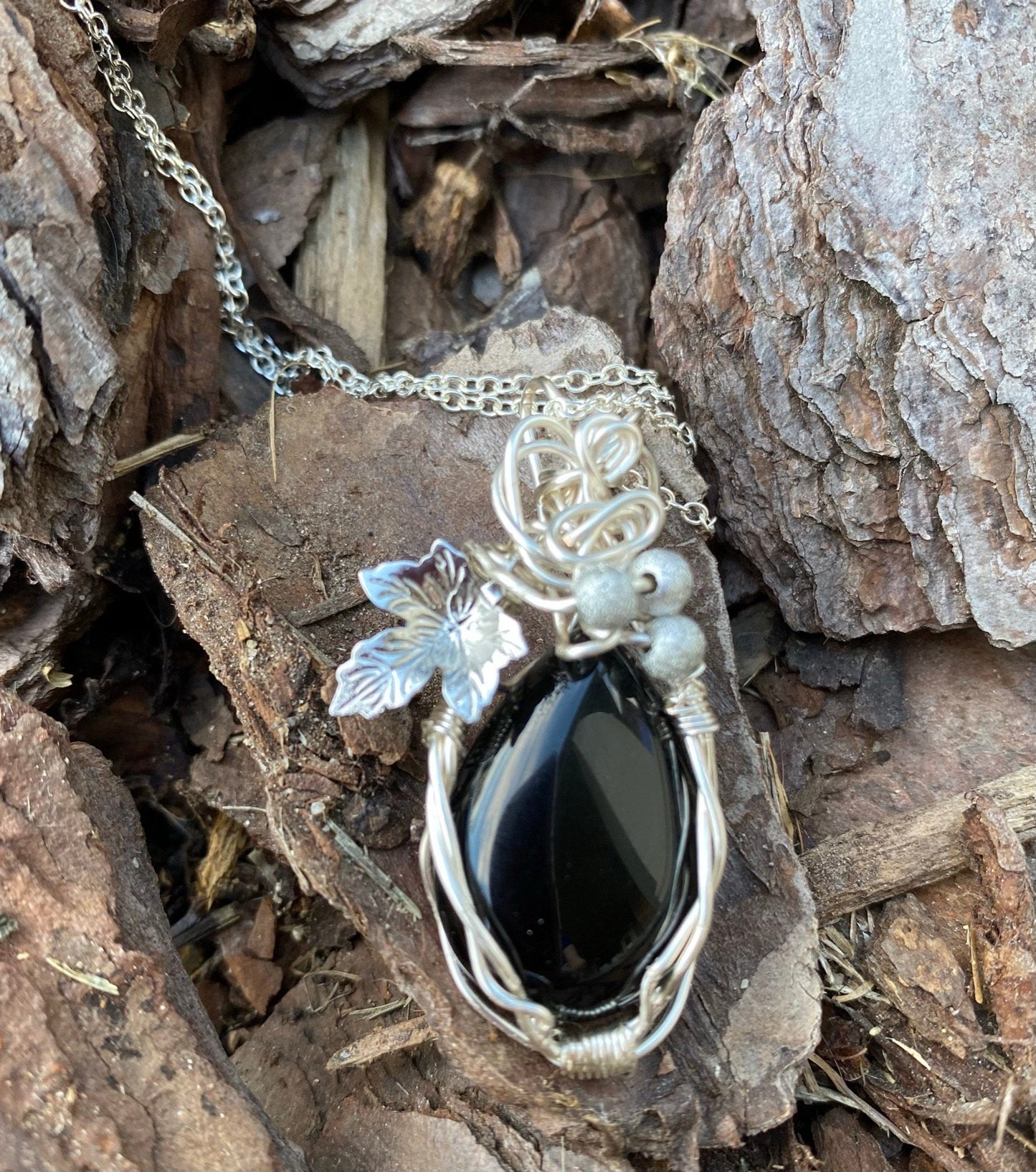 Wire Wrapped Black Agate Teardrop Pendant