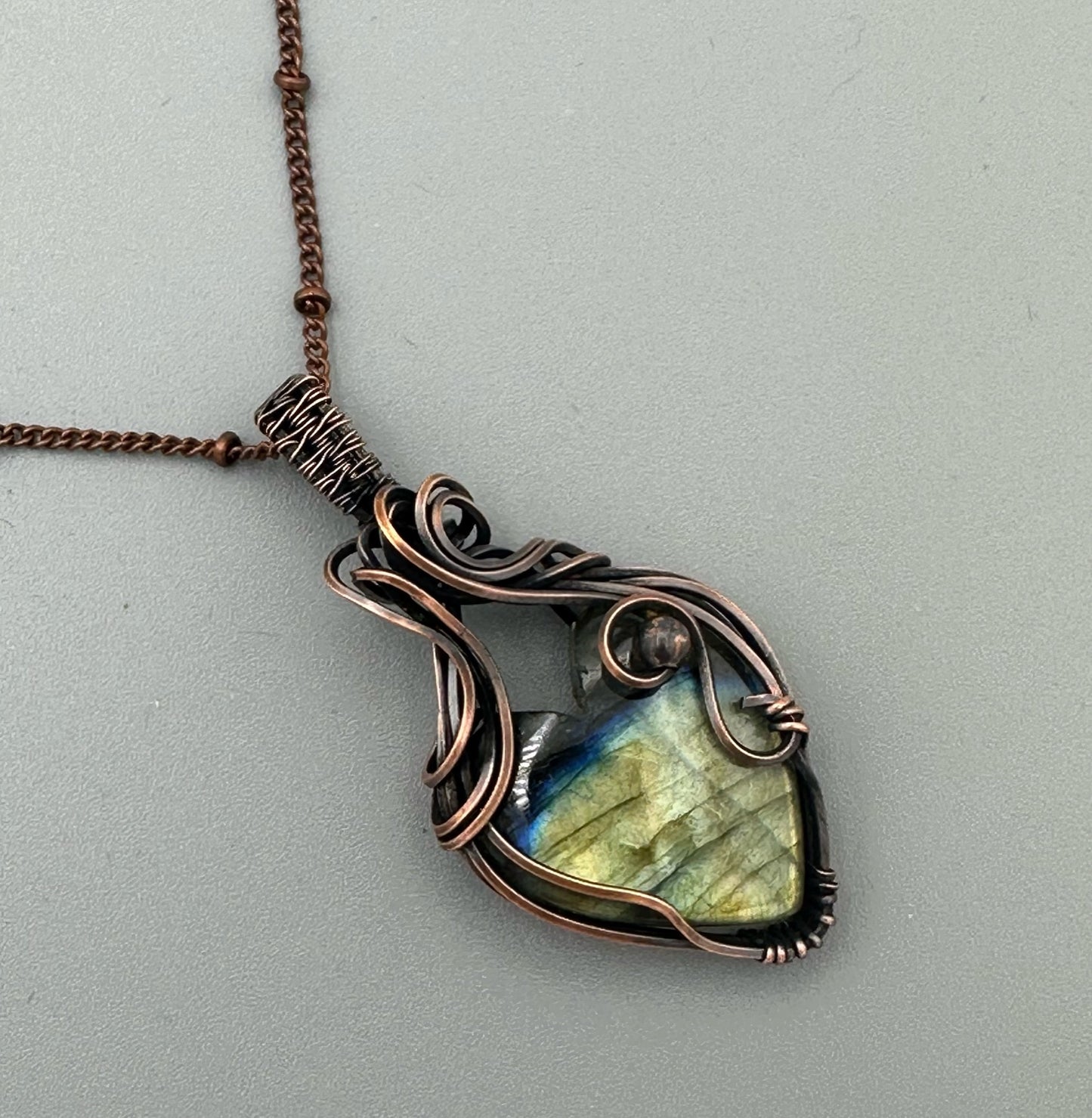 Labradorite Heart Wrapped In Oxidized Copper Wire