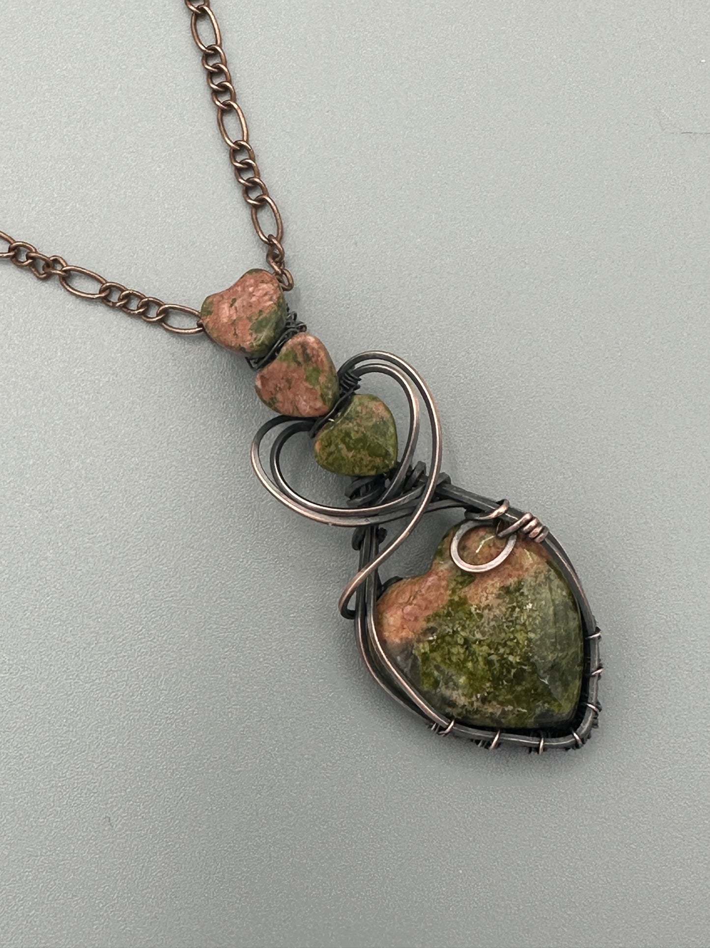 Unakite Heart Shaped Handmade Wire Wrapped Pendant