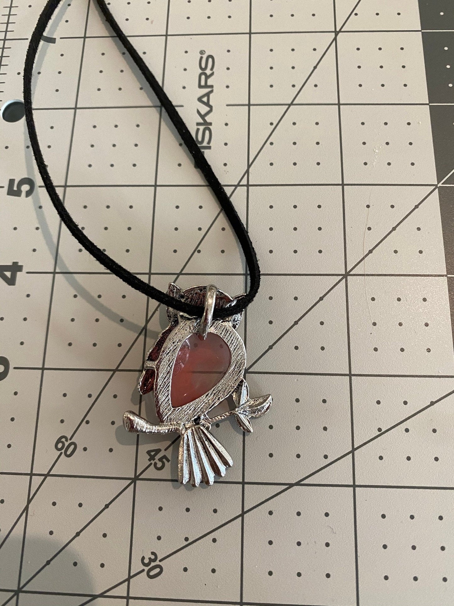 Pinkish Banded Owl Charm Necklace with Black Cord