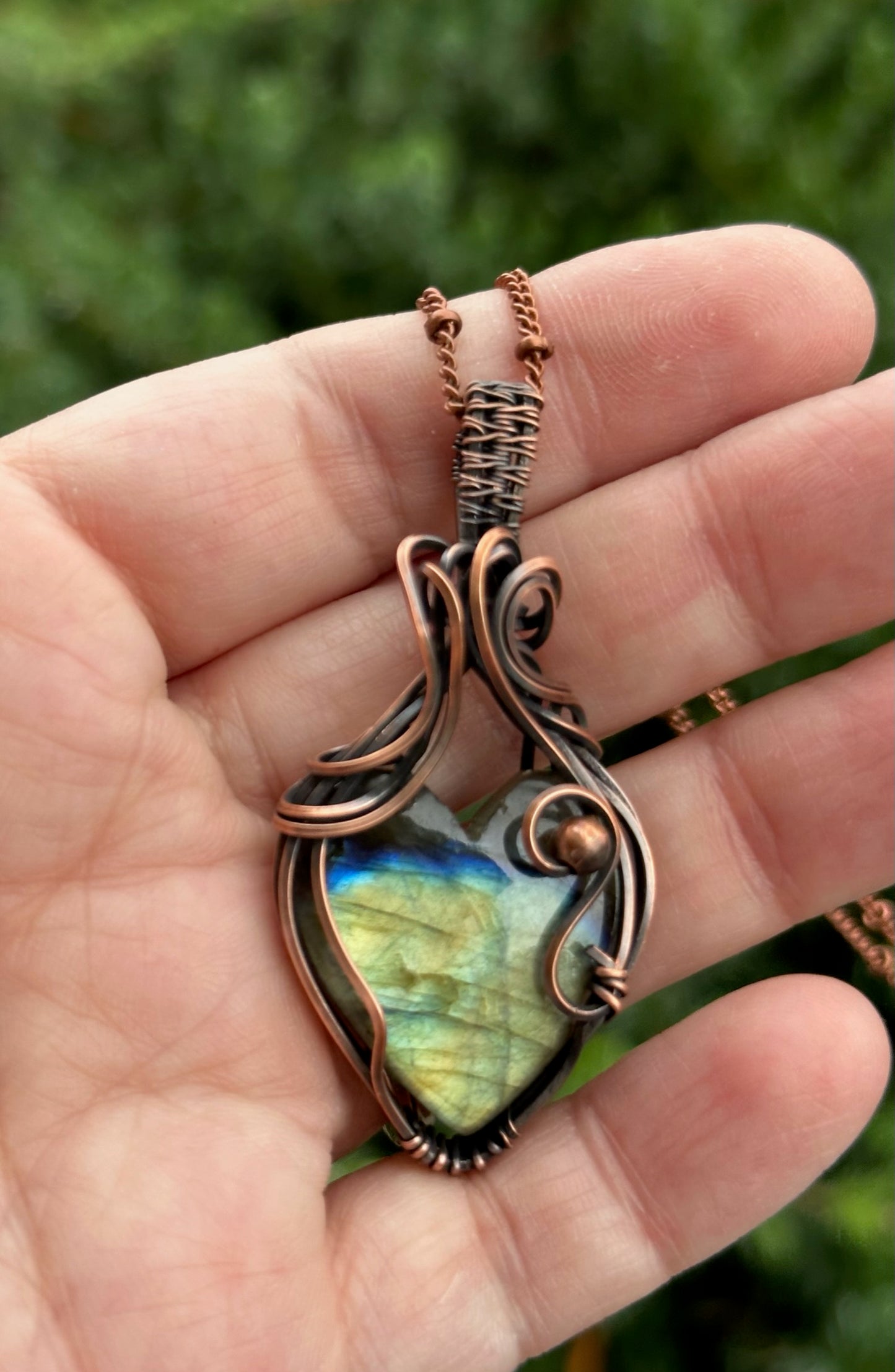 Labradorite Heart Wrapped In Oxidized Copper Wire