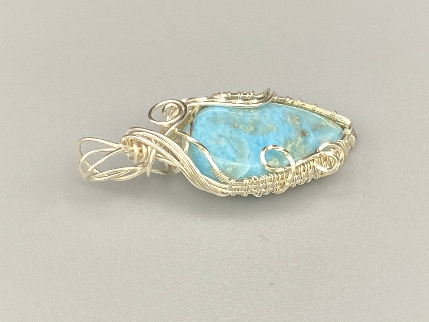 Wire Wrapped Larimar Teardrop Shaped Pendant