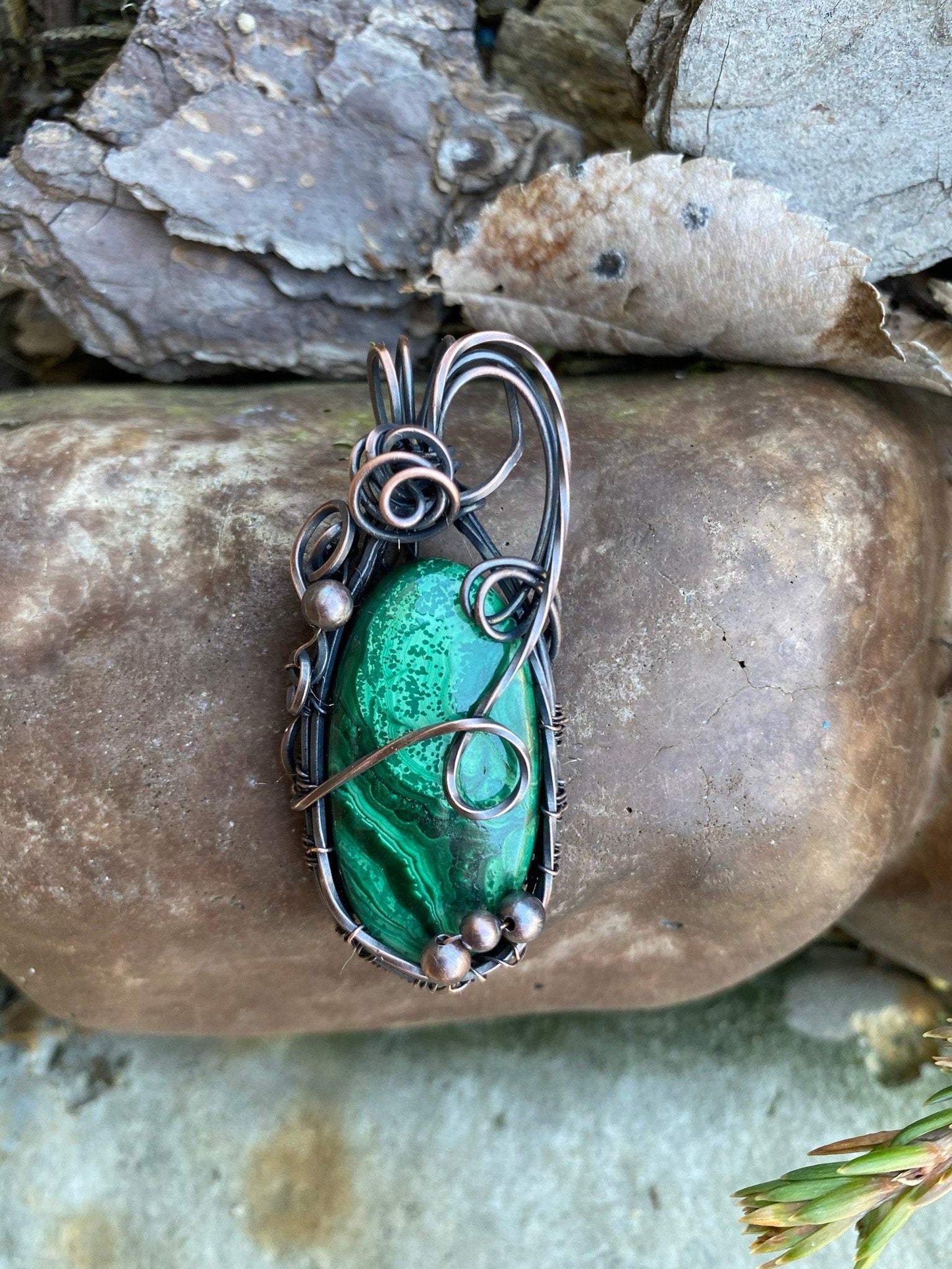 Malachite Wire Wrapped Pendant With Copper Bead Embellishments