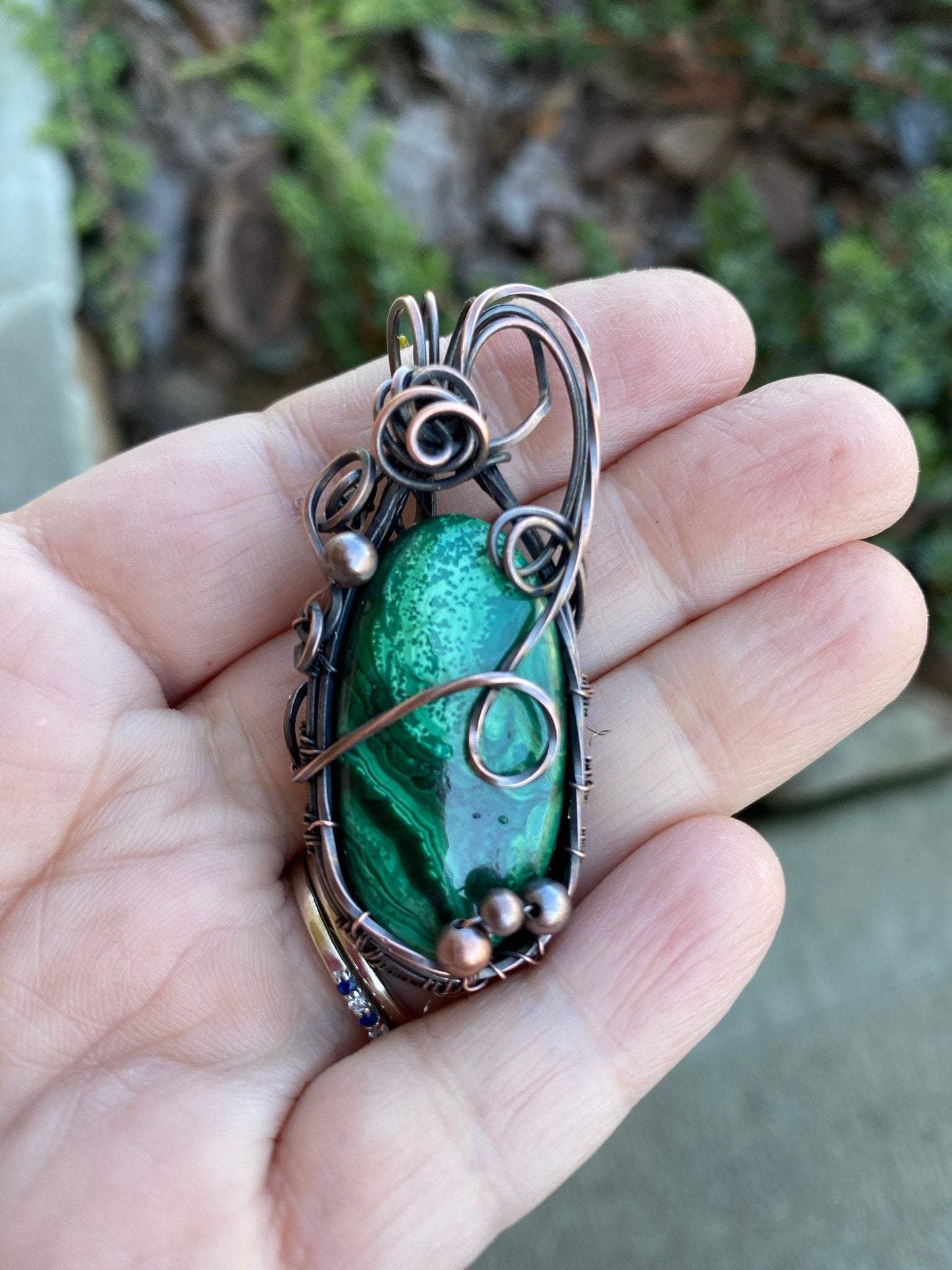Malachite Wire Wrapped Pendant With Copper Bead Embellishments