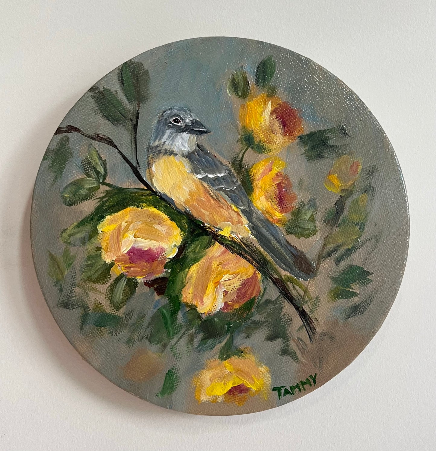 Bird and Yellow Blossoms Round Handmade Acrylic Painting