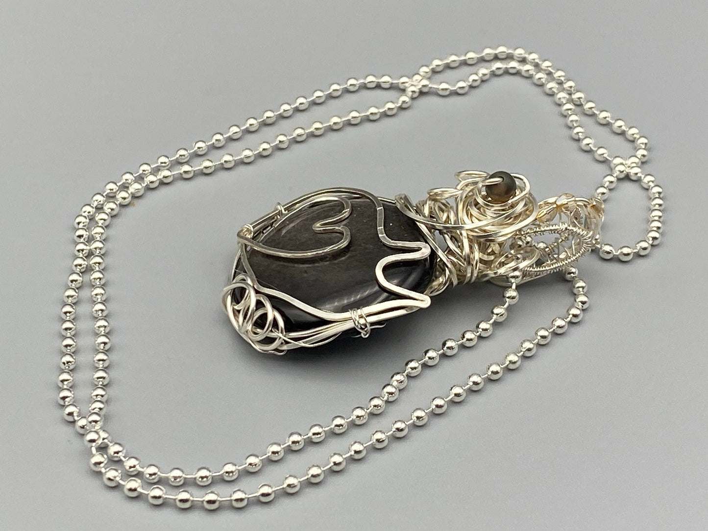 Natural Silver Sheen Obsidian Circle Pendant with Kitty Cat