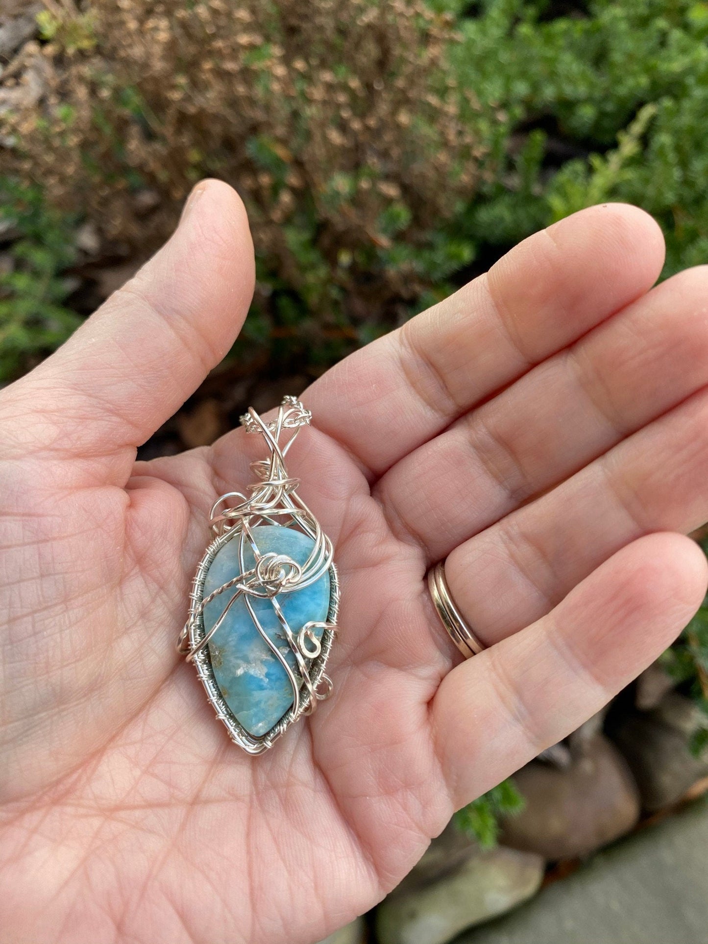Wire Wrapped Larimar Teardrop Shaped Pendant