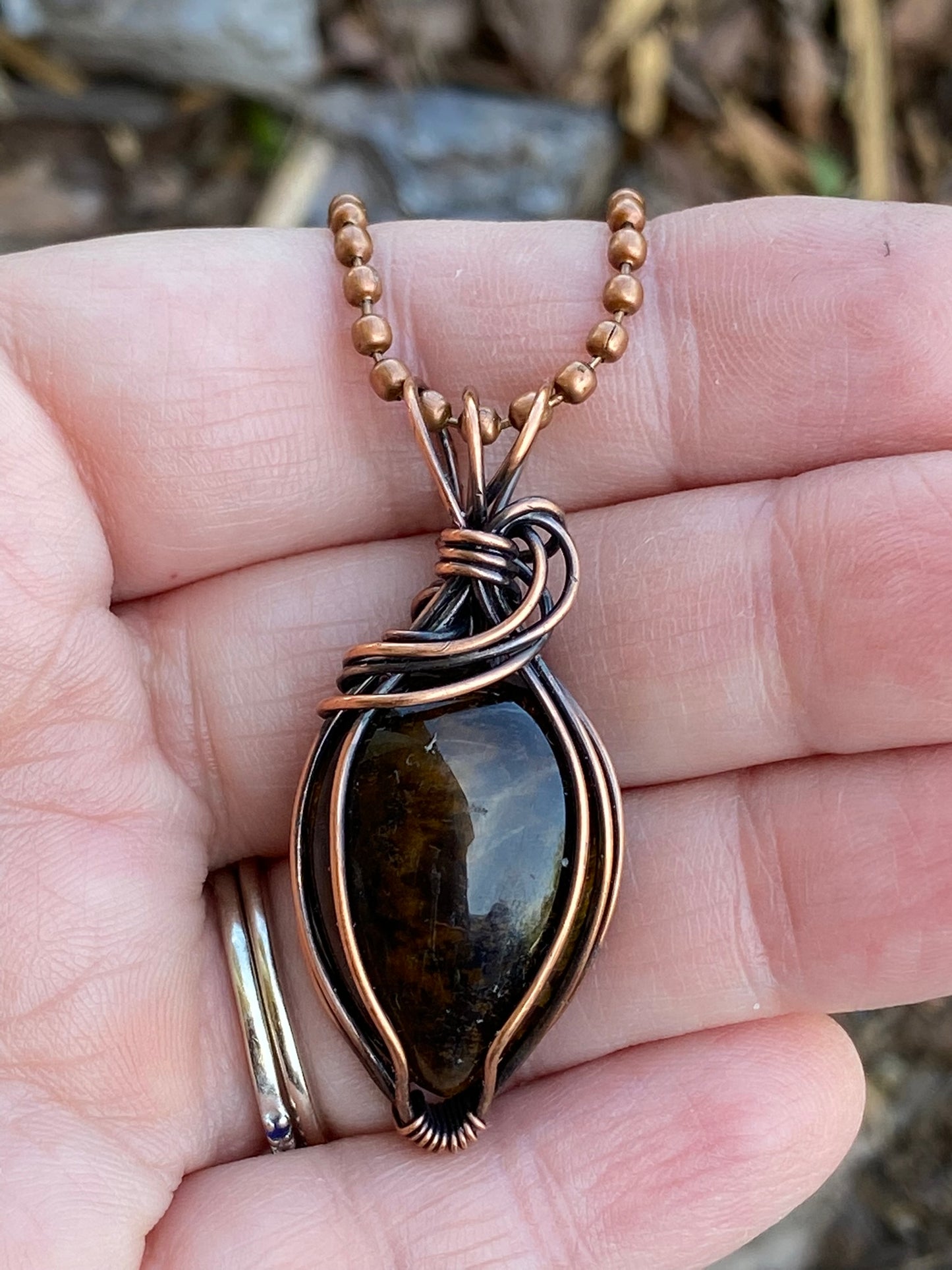 Tiger's Eye Agate Teardrop Pendant, Wire Wrapped in Copper