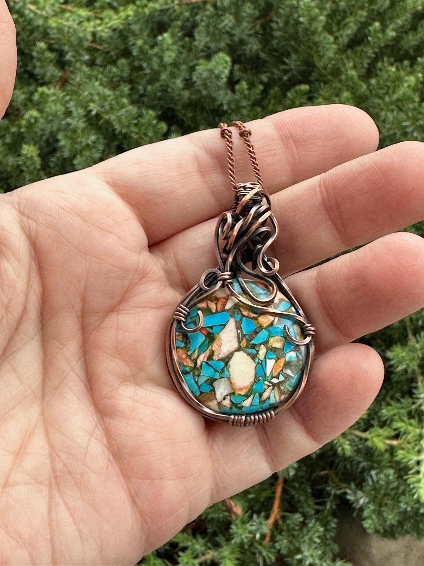 Round Copper Turquoise Mohave Handmade Wire Wrapped Pendant