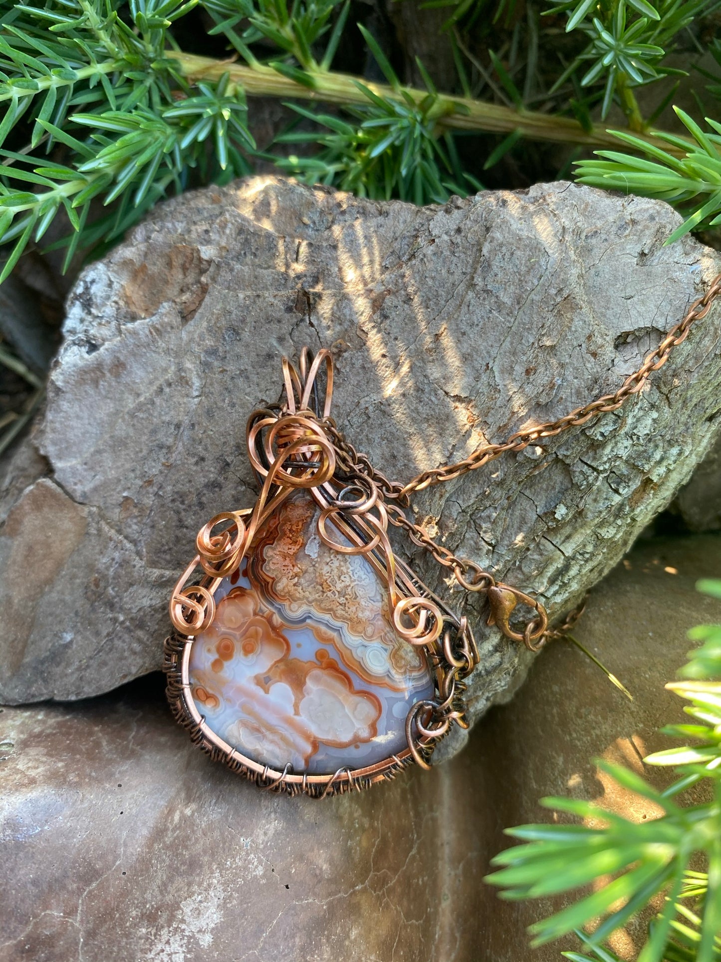 Crazy Lace Oxidized Copper Wire Wrapped Pendant