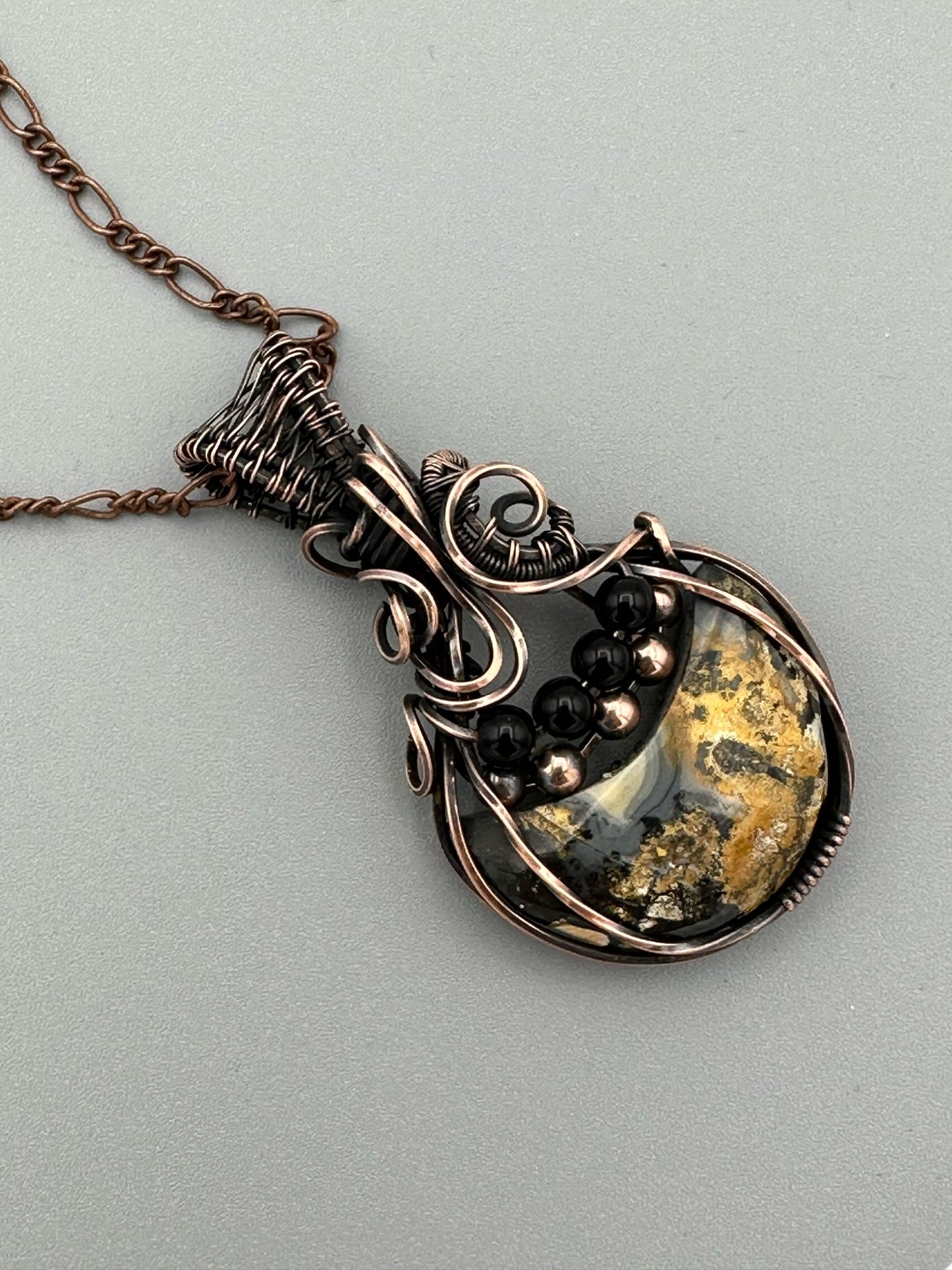 Maligano Jasper Crescent Moon Wire Wrapped Pendant