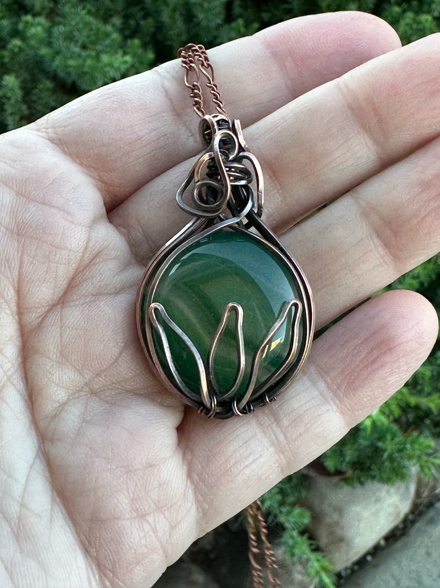 Round Green Veins Agate With Lotus Design Handmade Wire Wrapped Pendant