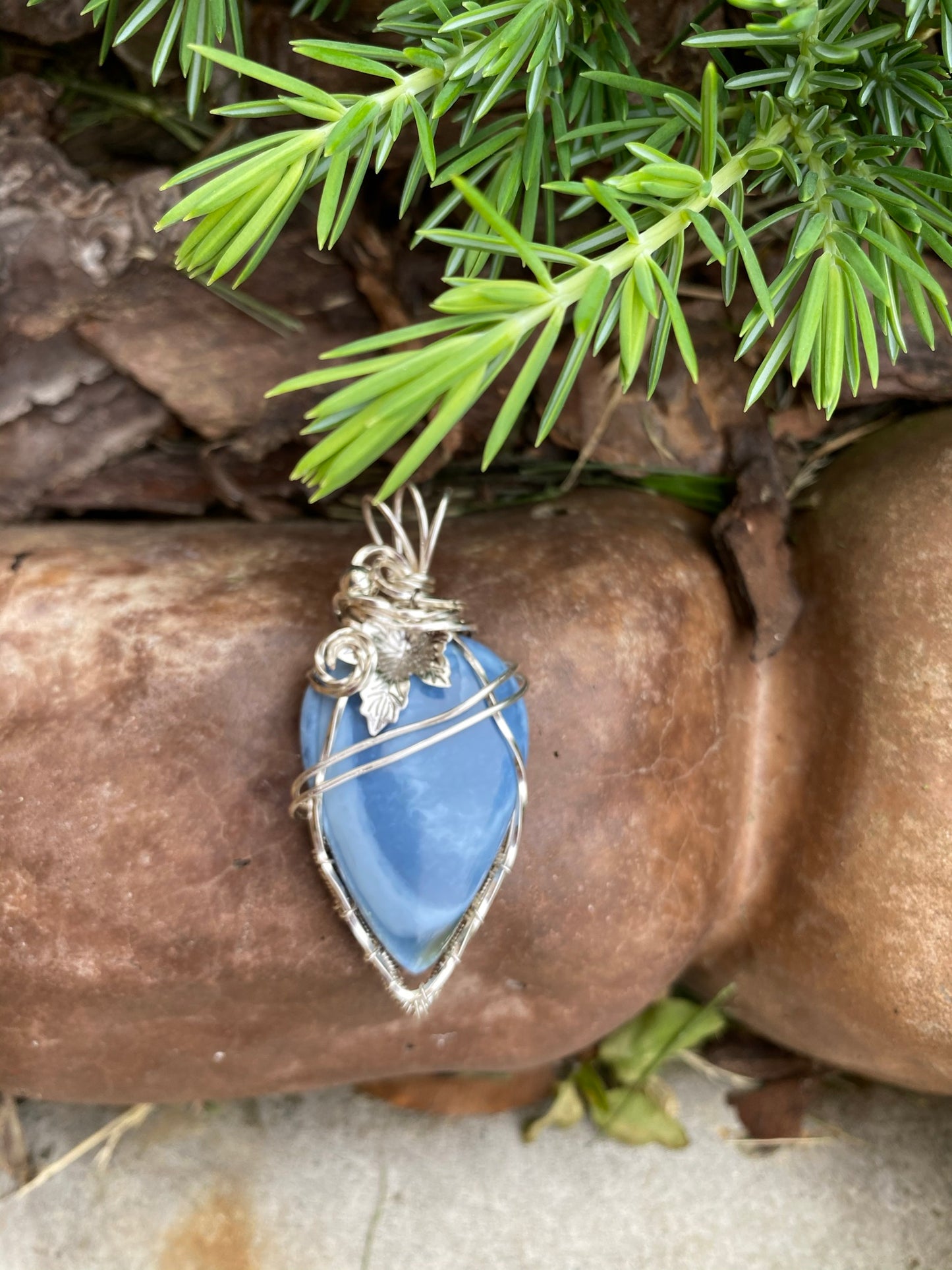 Natural Peruvian Blue Opal Pear Shaped Wire Wrapped Pendant