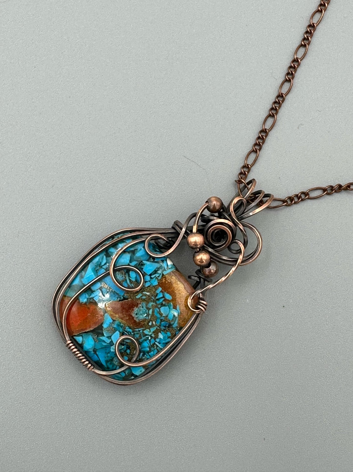 Square Copper Turquoise Mohave Handmade Wire Wrapped Pendant