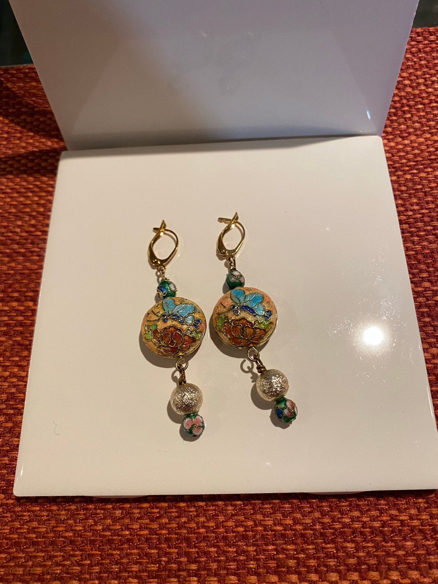 Cloisonne Dangle Earrings With Gold Lever Hooks