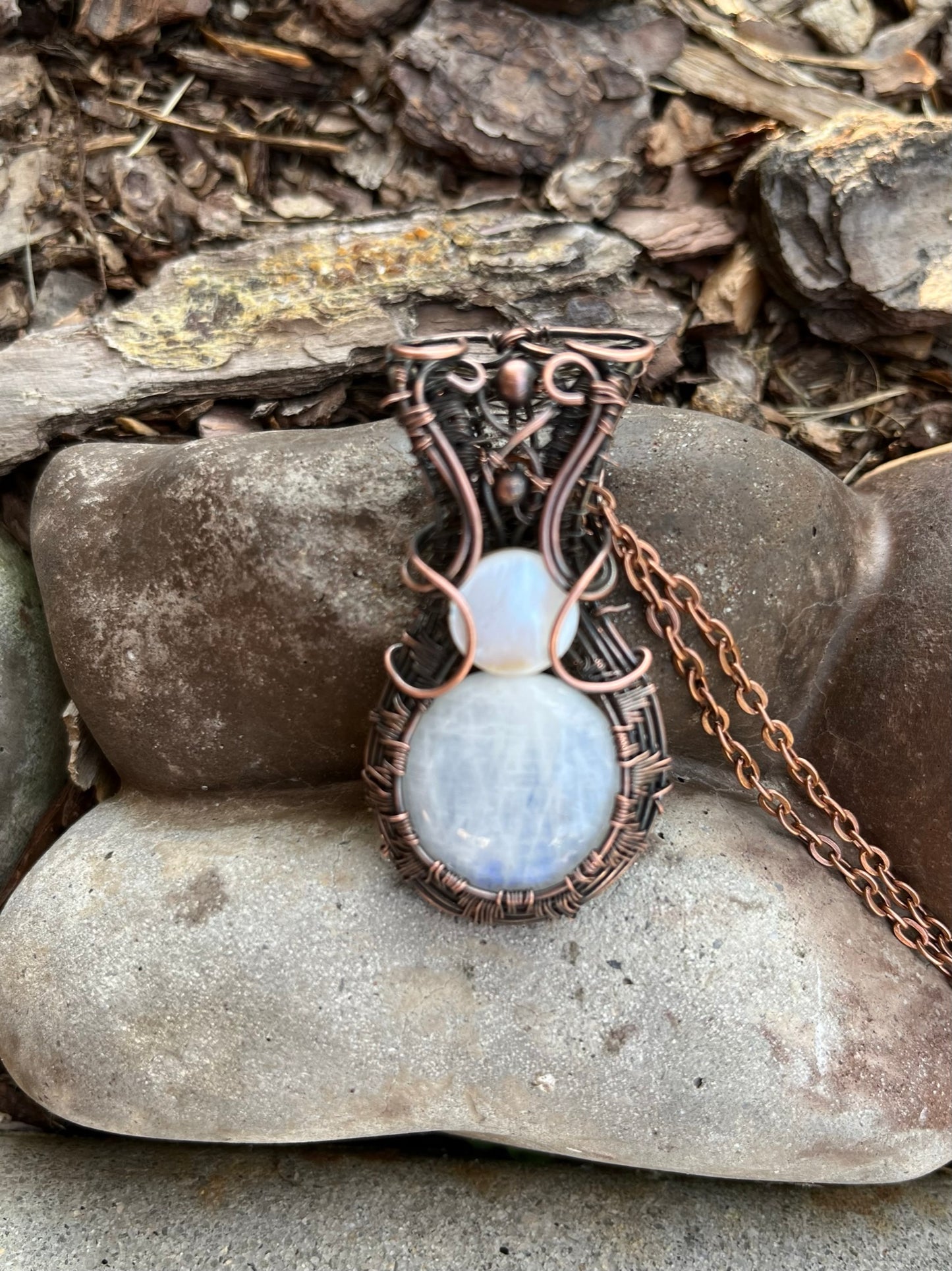 Round Moonstone Wire Wrapped in Antiqued Copper | Handmade Pendant