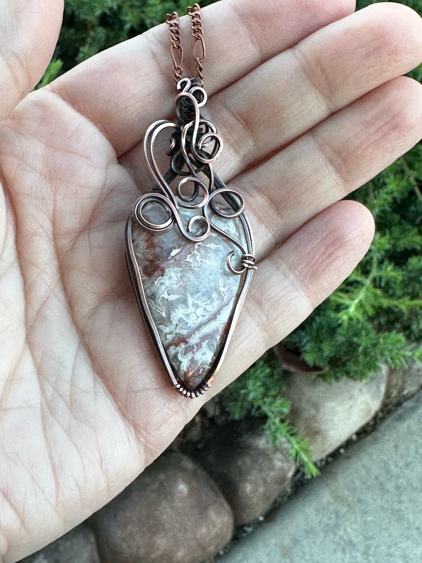 Teardrop Crazy Lace Copper Wire Wrapped Pendant