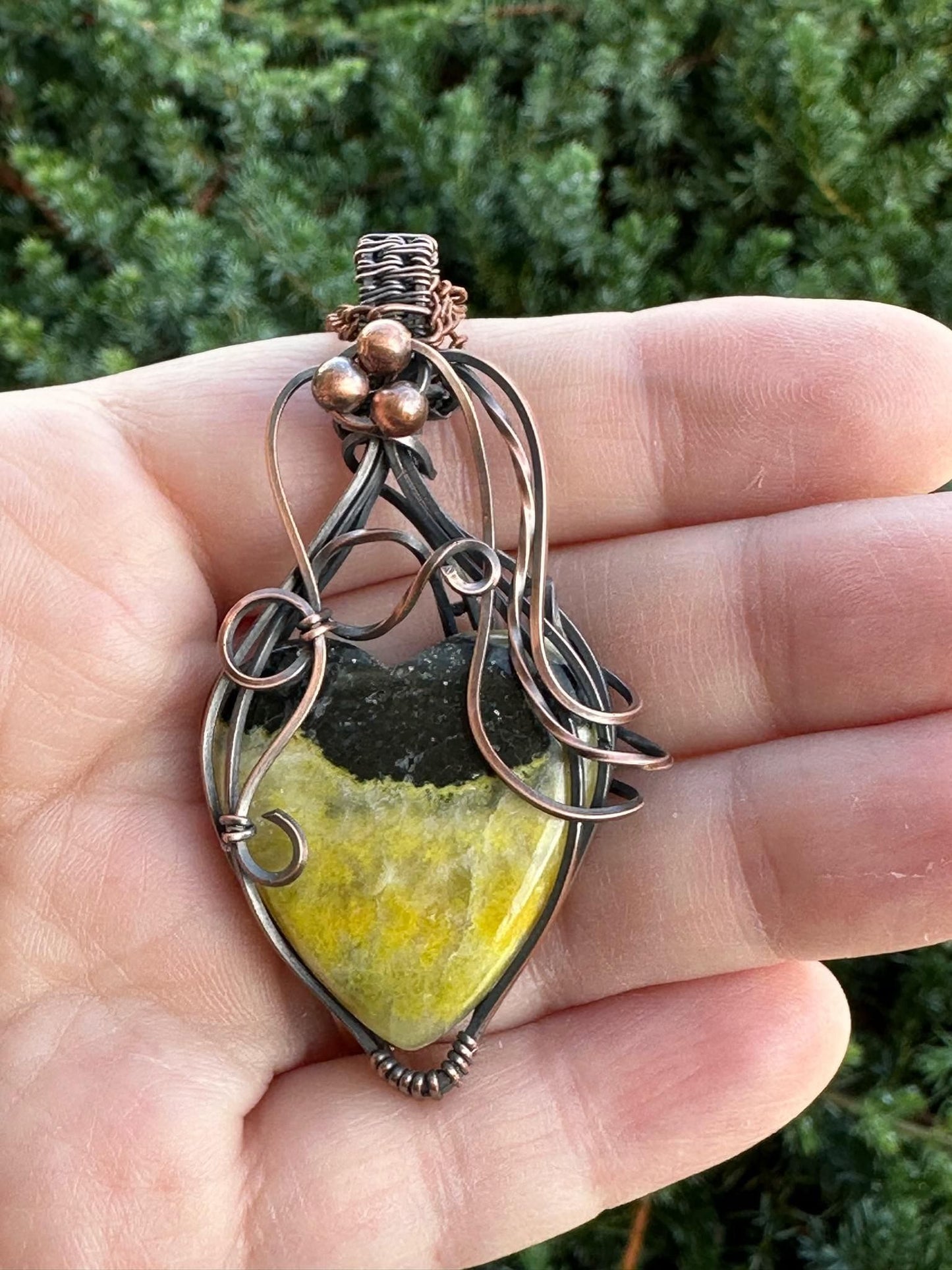 BumbleBee Jasper Heart With Twisted Square Wire Handmade Wire Wrapped Pendant