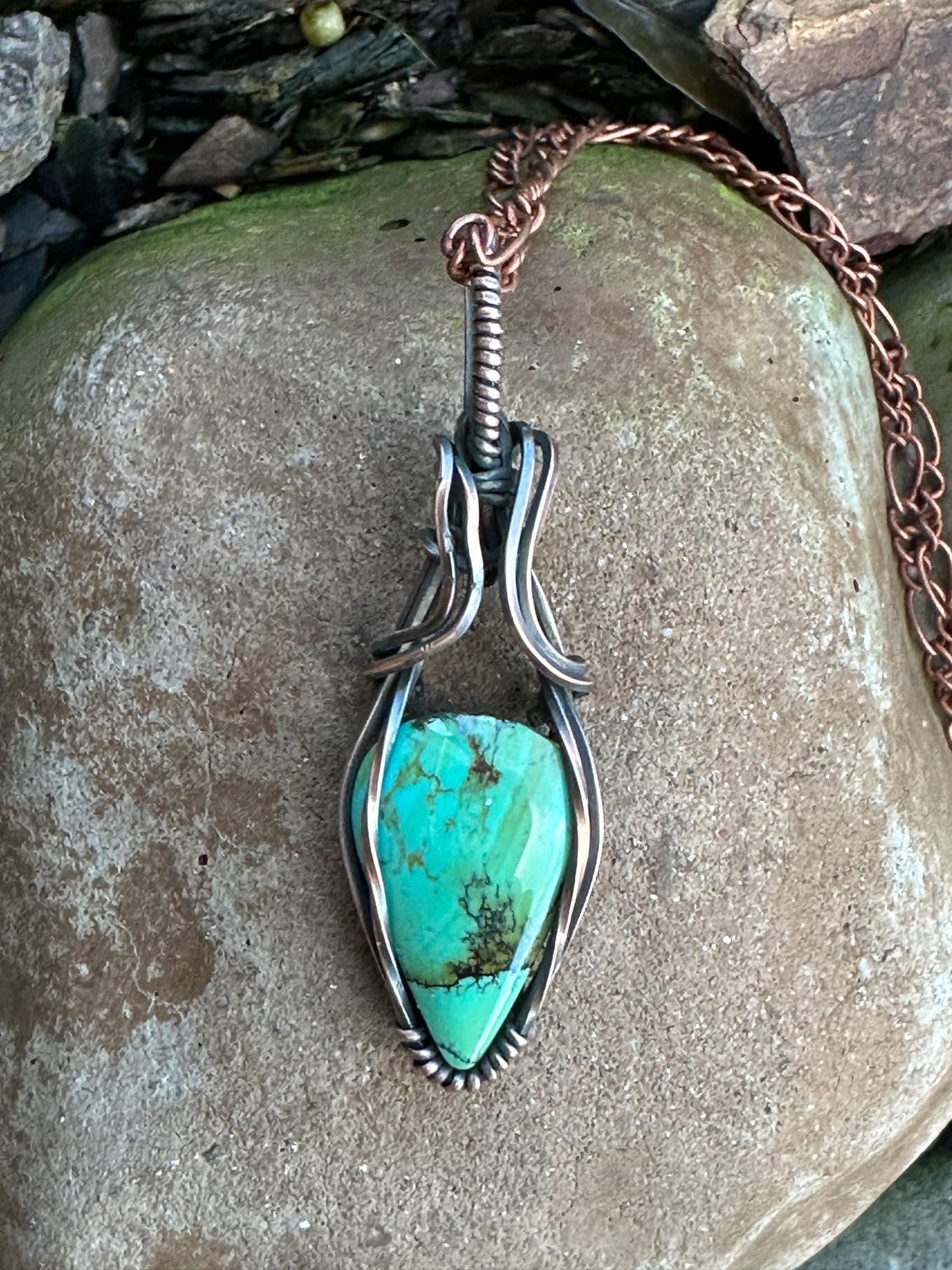 Handmade Turquoise Teardrop Wrapped In Oxidized Copper Wire