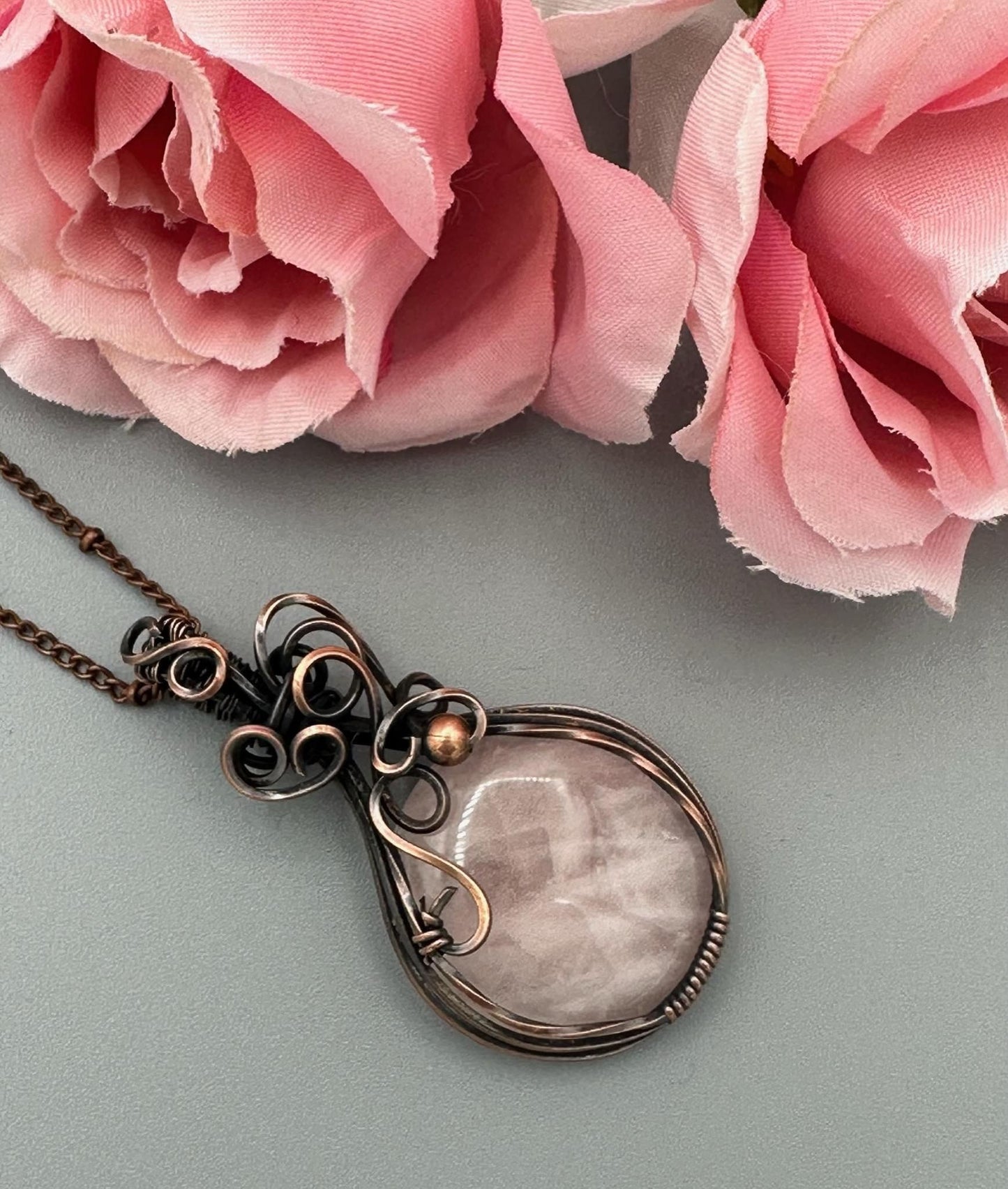 Round Rose Quartz Handmade Wire Wrapped Pendant