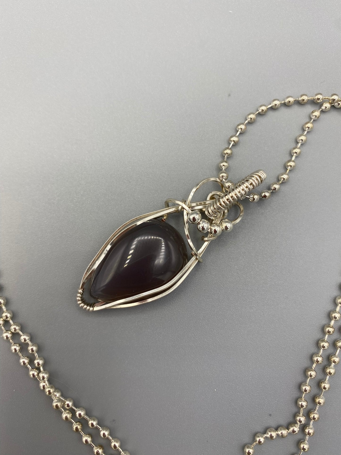 Smoky Gray Teardrop Wire Wrapped in Silver Pendant