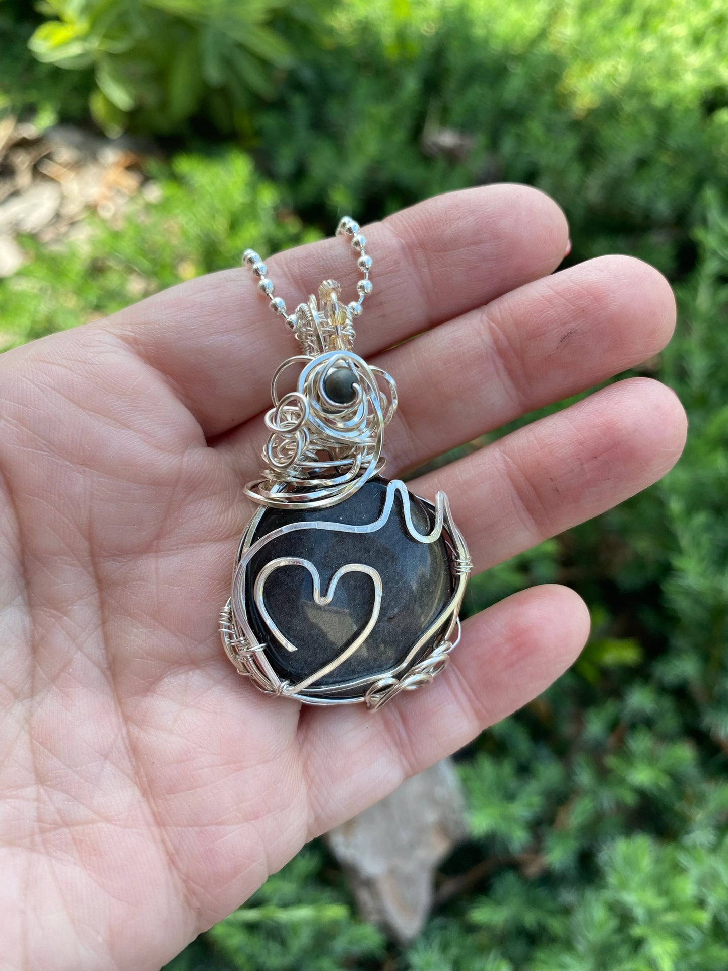 Natural Silver Sheen Obsidian Circle Pendant with Kitty Cat