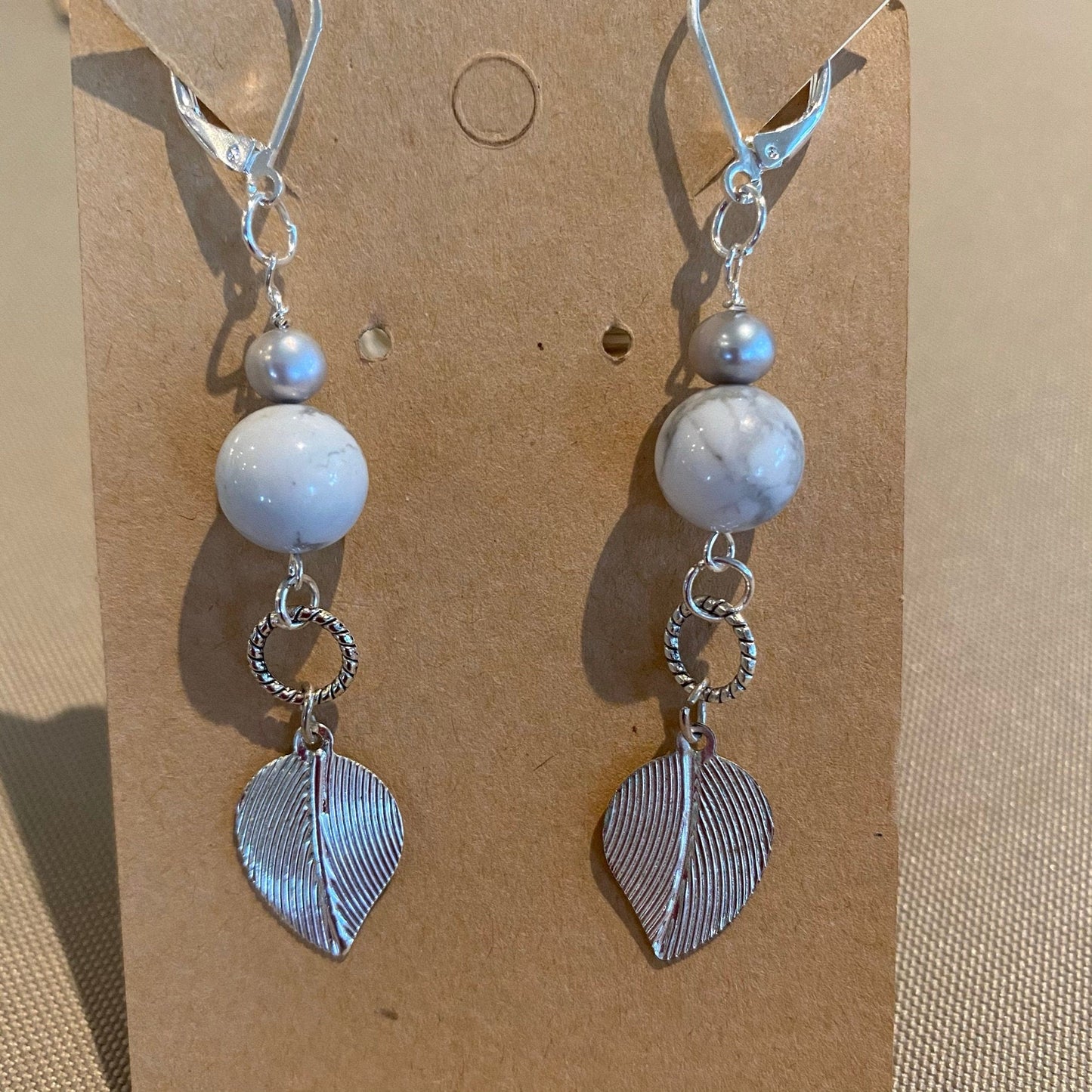 White and gray beads, freshwater pearls, silver leaves, lever hook back, earrings