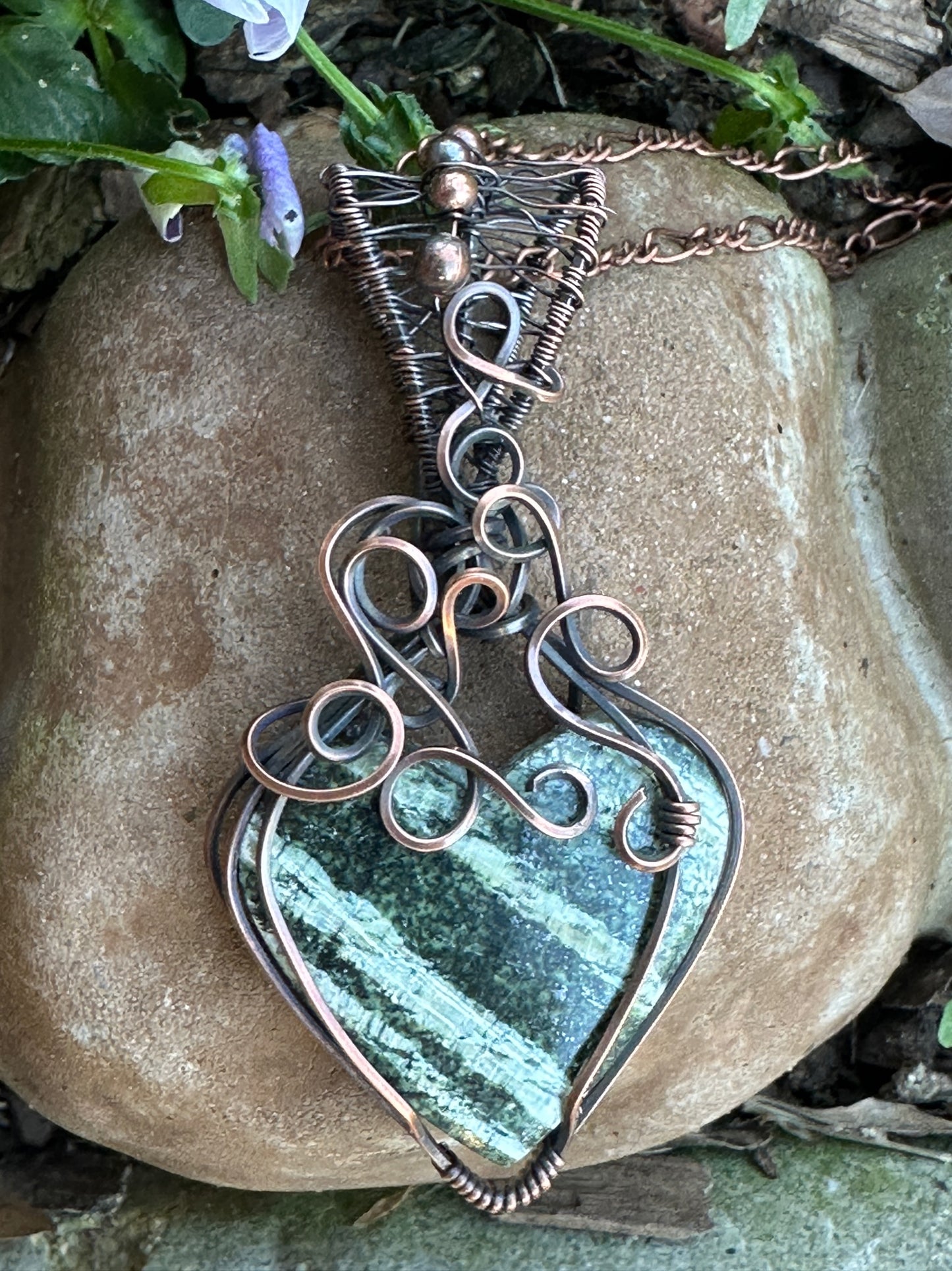 Natural Green Swiss Opal Heart Shaped Wire Wrapped Pendant