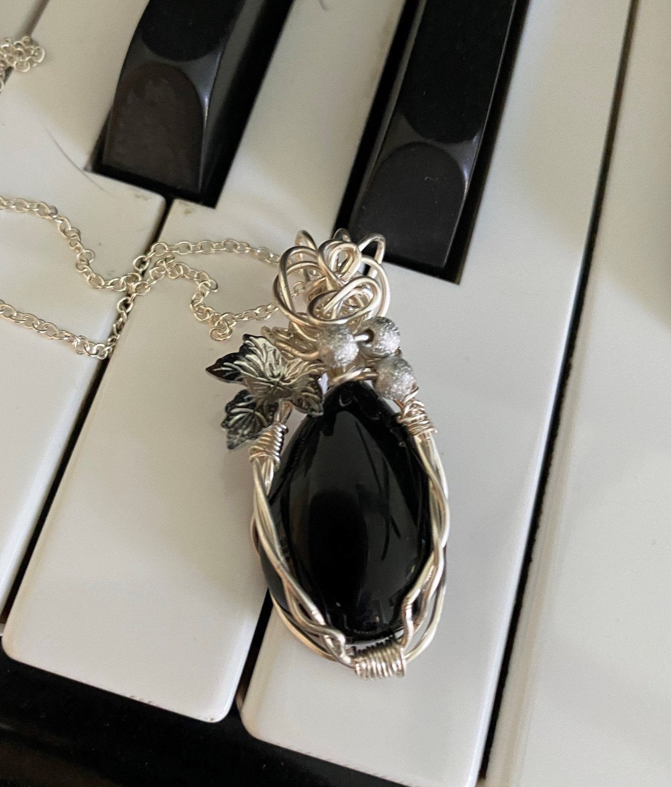 Wire Wrapped Black Agate Teardrop Pendant