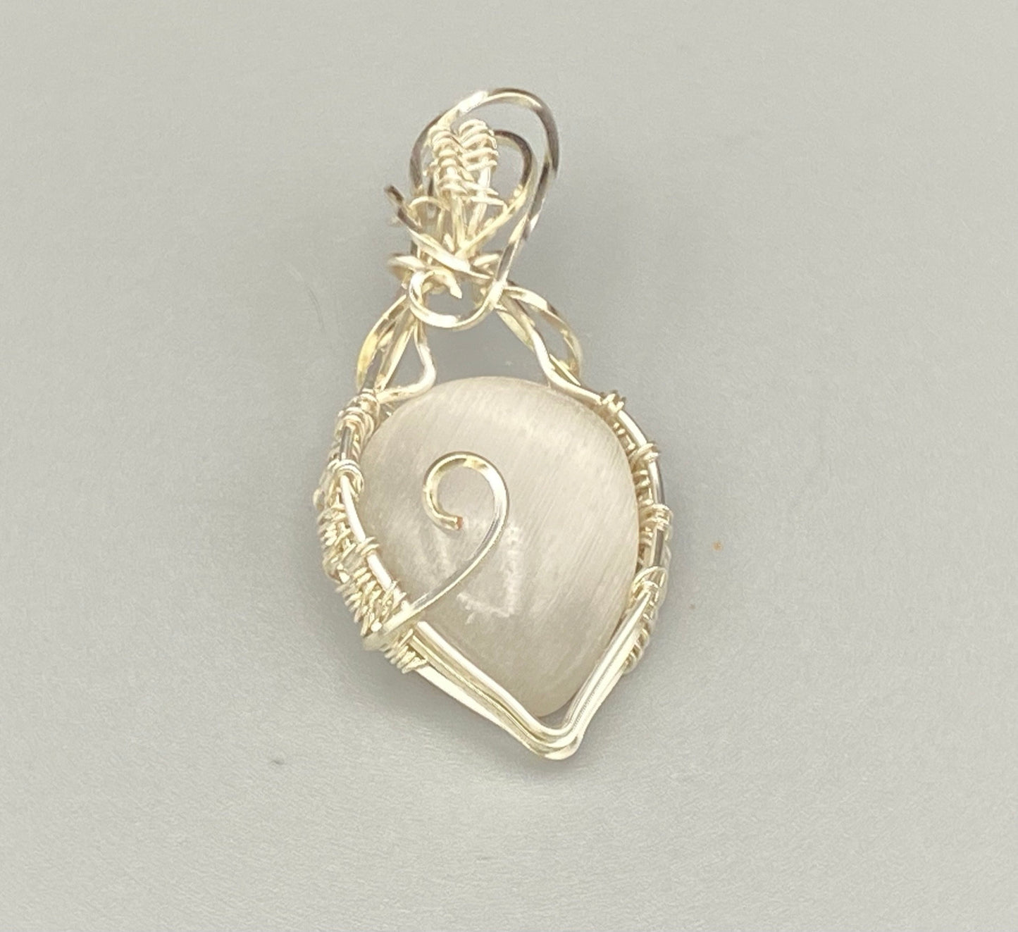 Wire Wrapped Natural Gray Cat's Eye, Chrysoberyl, Pear Pendant