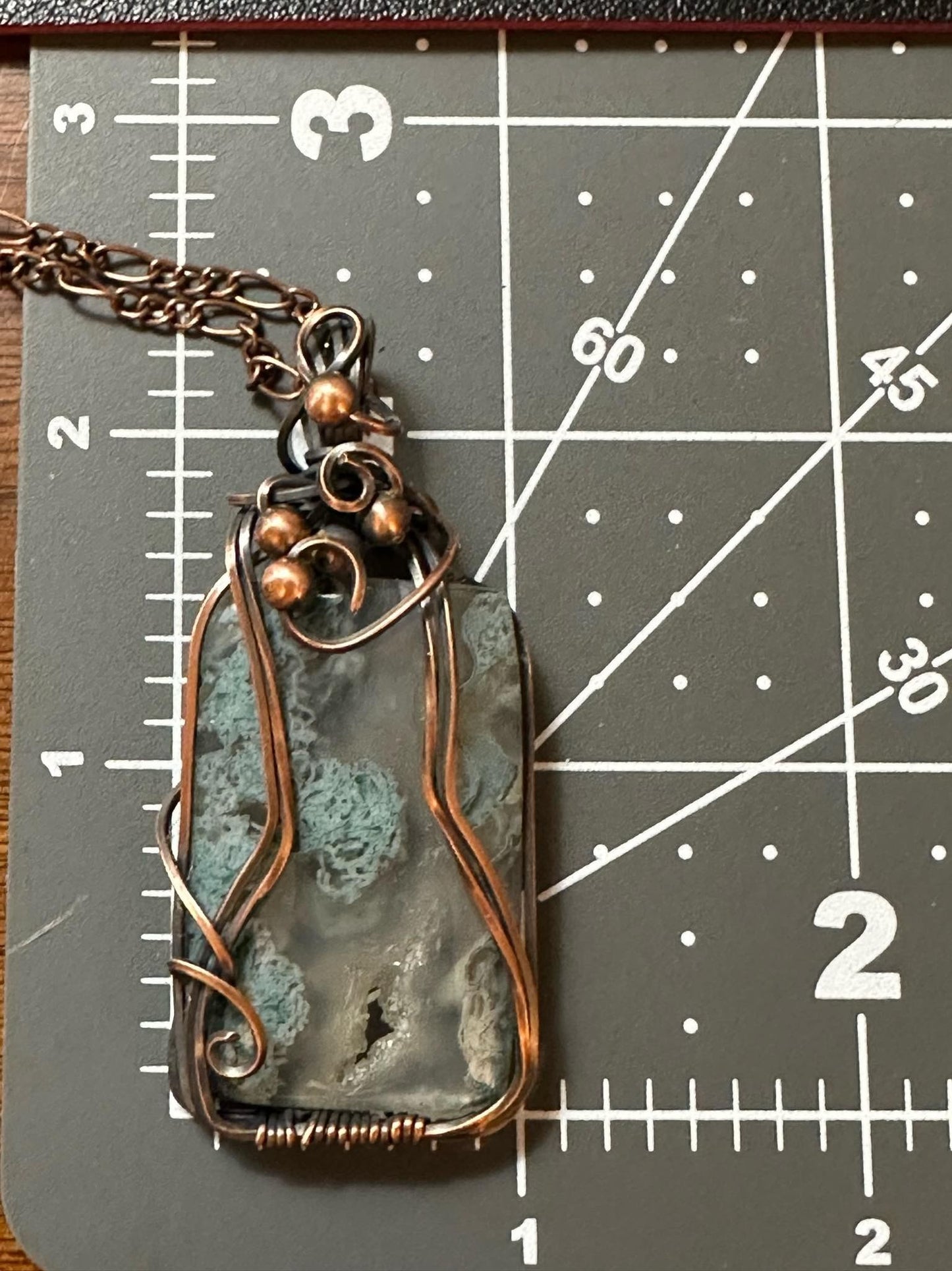 Window Druzy Moss Agate Rectangular Handmade Wire Wrapped Pendant