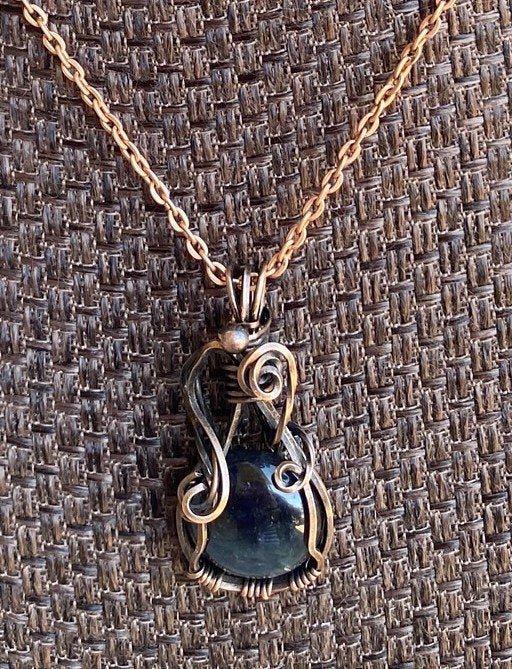 Round Blue Stone Pendant, Handmade, Antiqued Copper Wire Wrapped Necklace