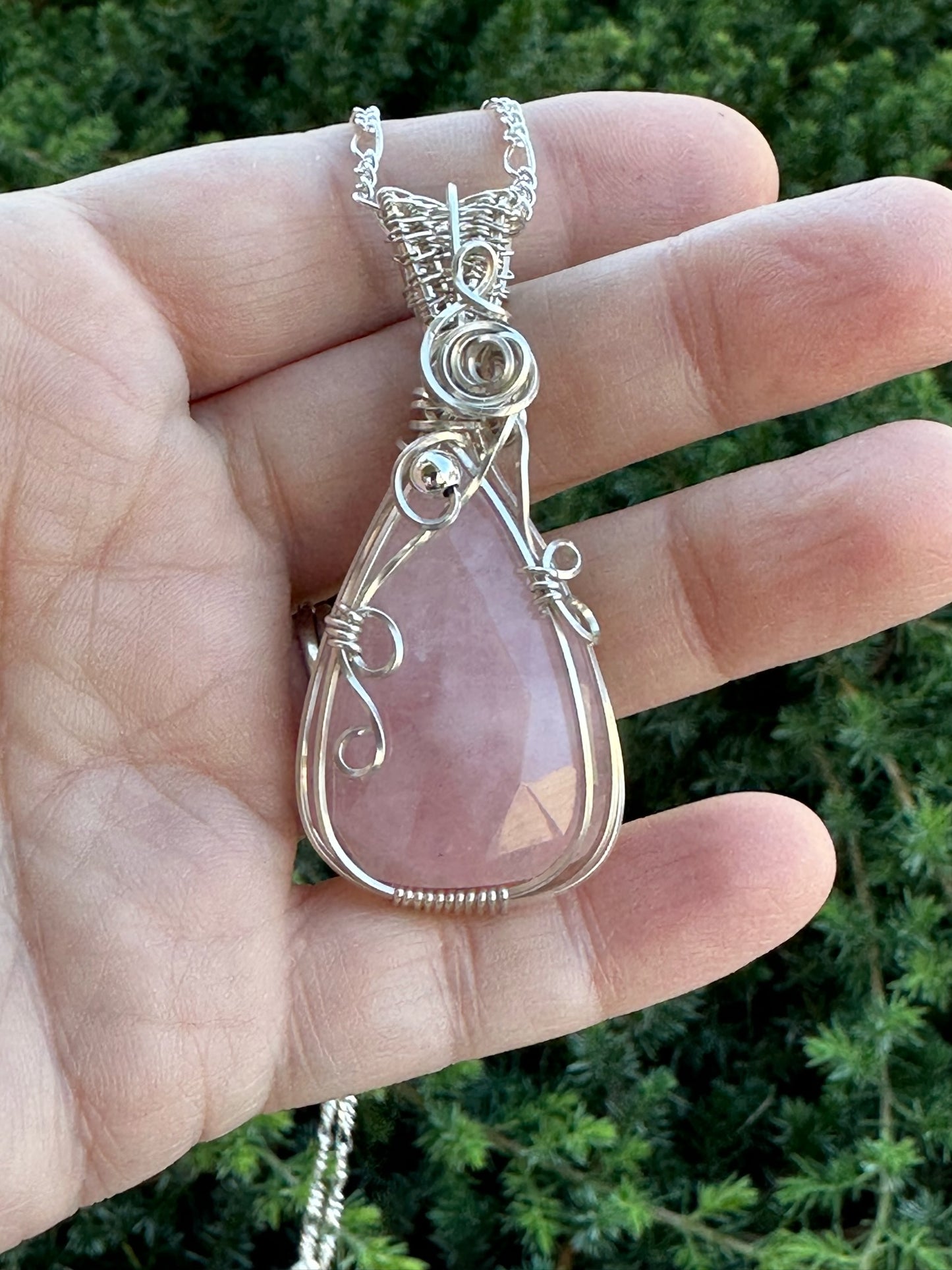Rose Quartz Faceted Teardrop Wire Wrapped In Argentium Silver