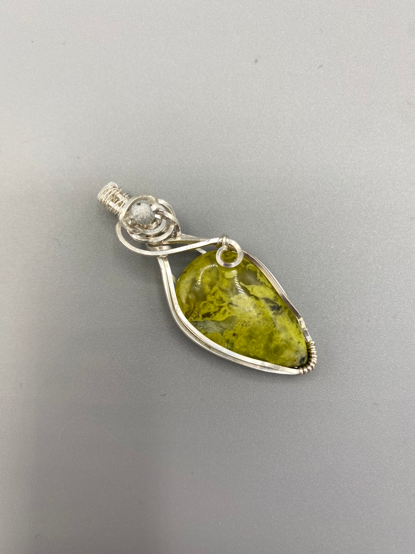Green Jasper Teardrop Wire Wrapped in Sterling Silver