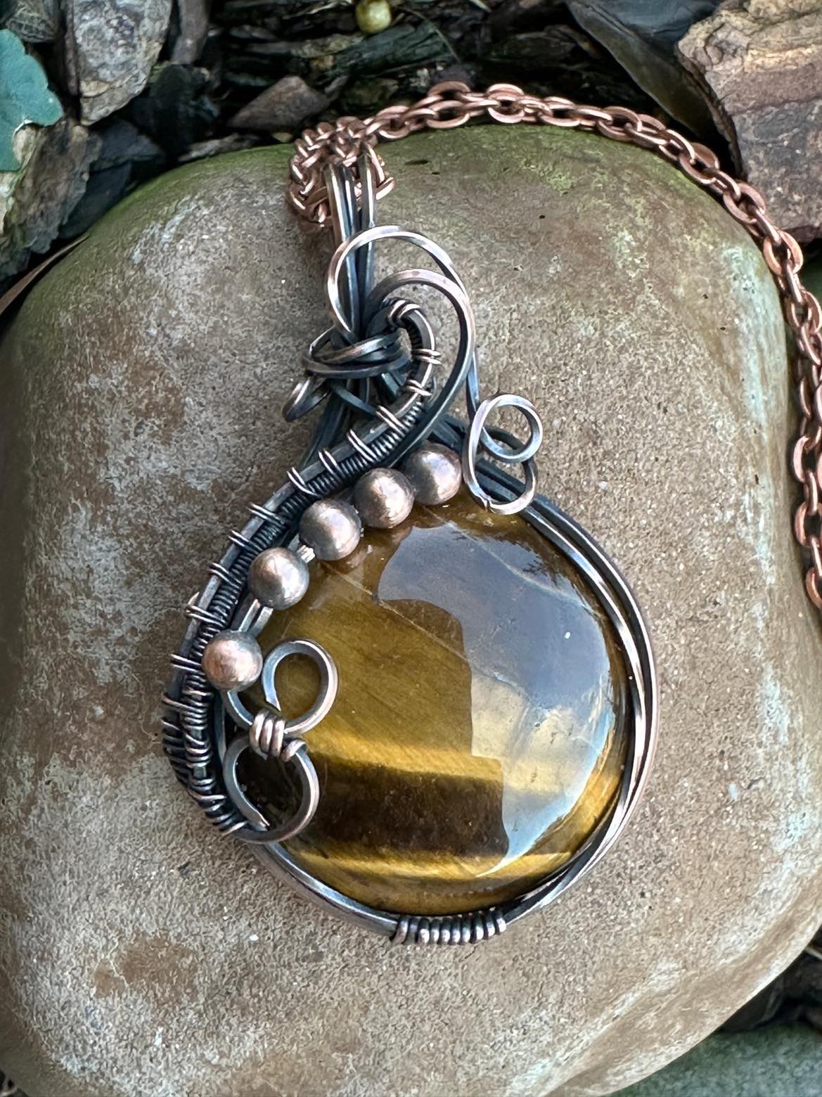 Handmade Wire Wrapped Round Tigers Eye Pendant