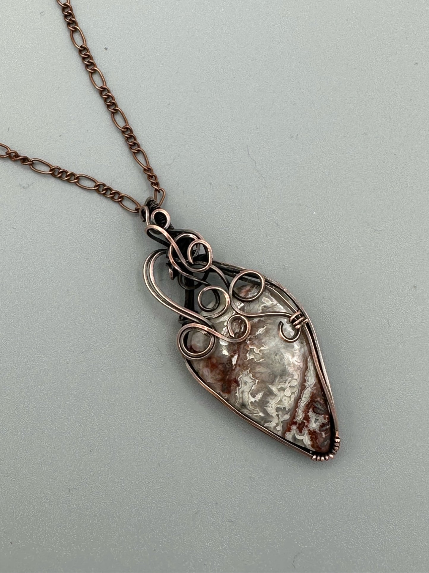 Teardrop Crazy Lace Copper Wire Wrapped Pendant
