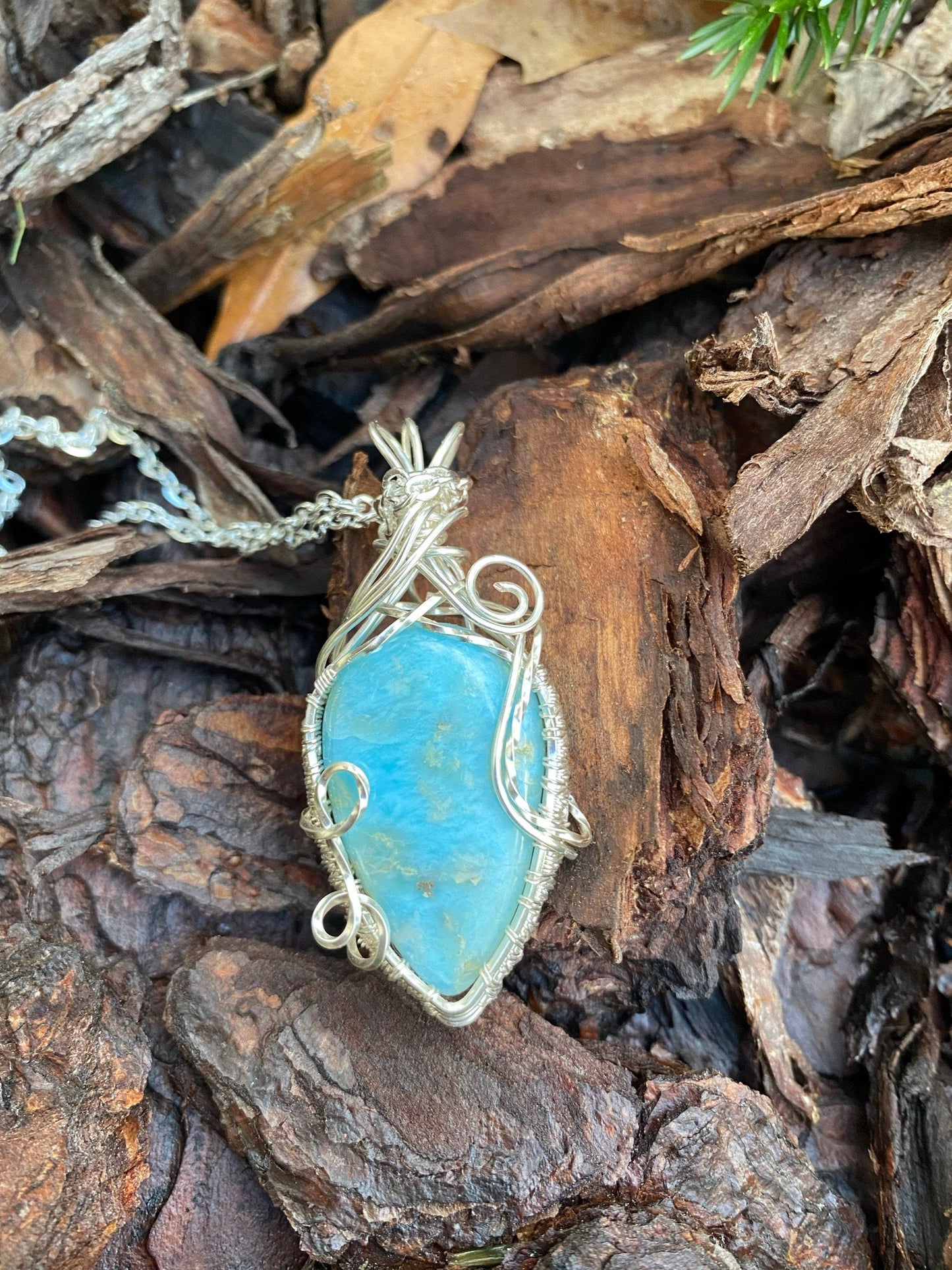 Wire Wrapped Larimar Teardrop Shaped Pendant