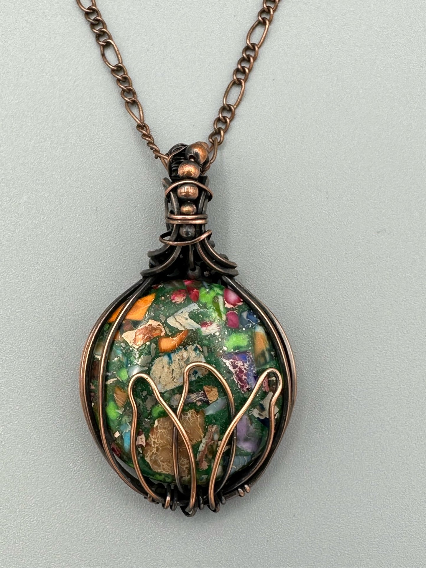 Pyrite Multi-Color Sea Sediment Jasper with Lotus Handmade Wire Wrapped Pendant
