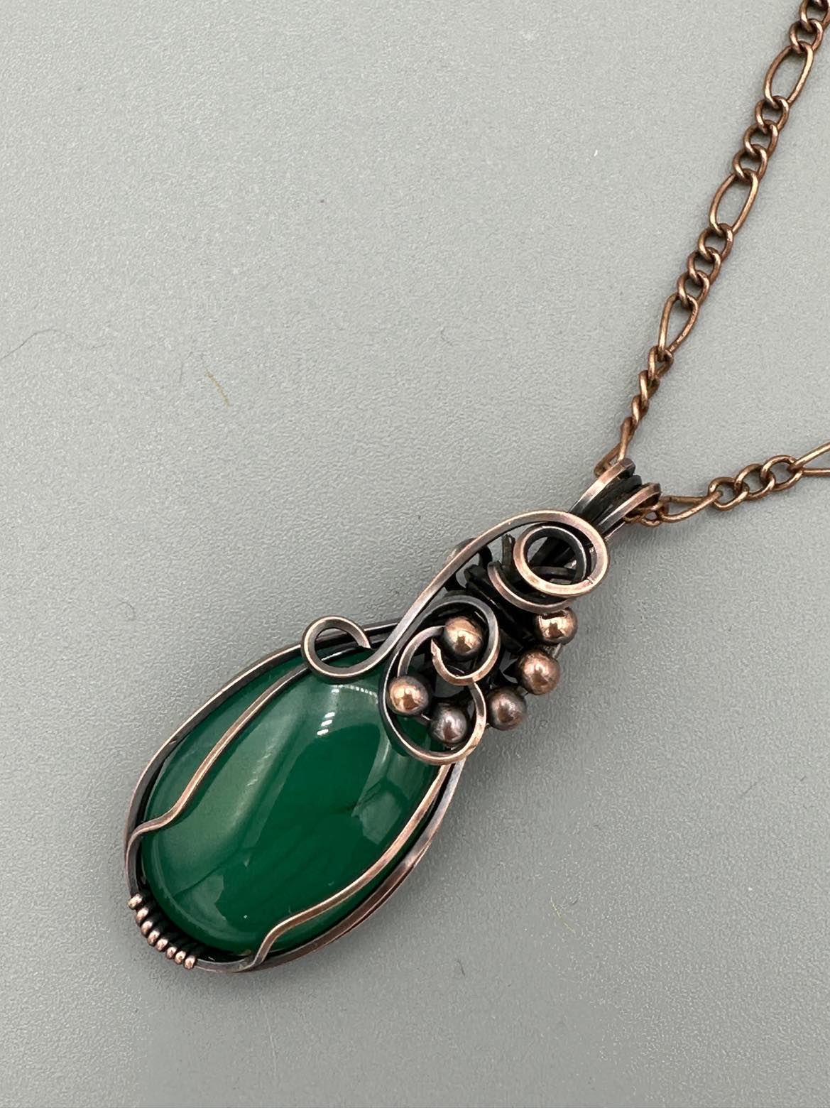 Handmade Wire Wrapped Green Agate Oval Pendant