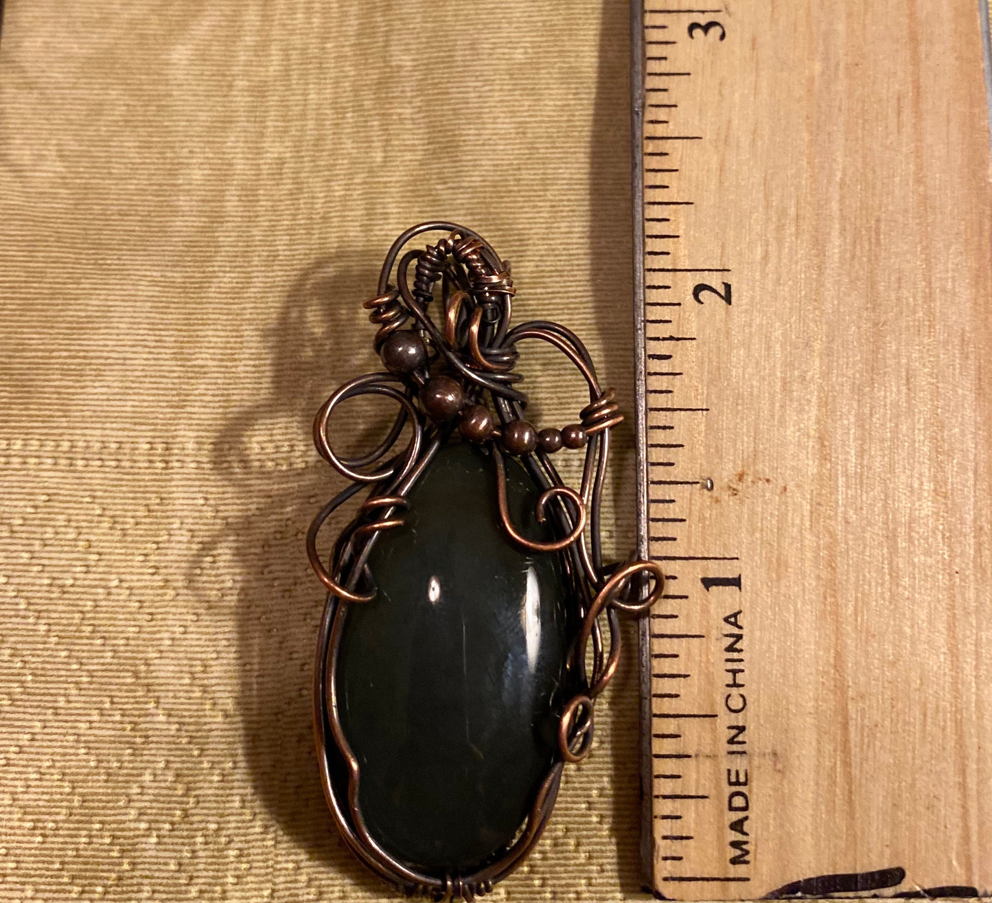 Gray Agate Oval Pendant With Copper Beads And Wire Wrapped Swirls