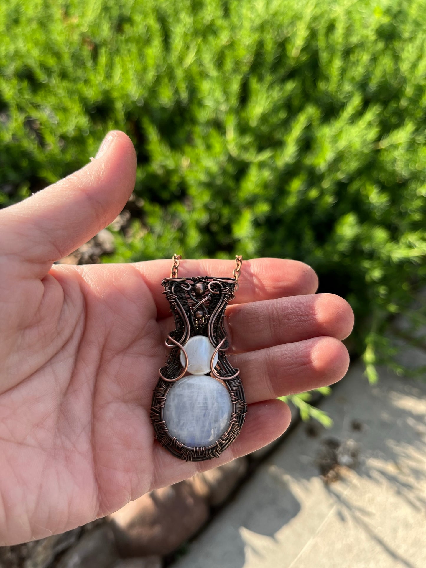 Round Moonstone Wire Wrapped in Antiqued Copper | Handmade Pendant