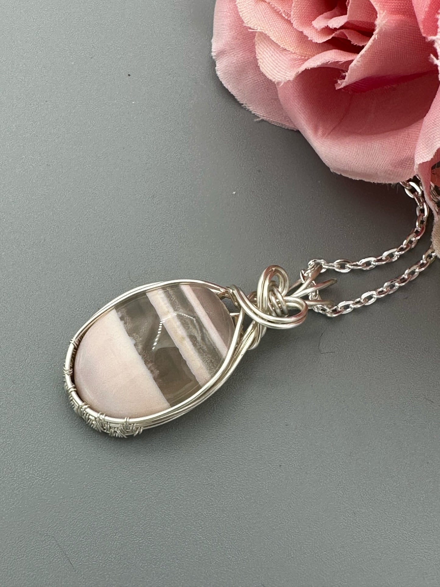 Handmade Wire Wrapped Pink Stripe Agate Oval Pendant