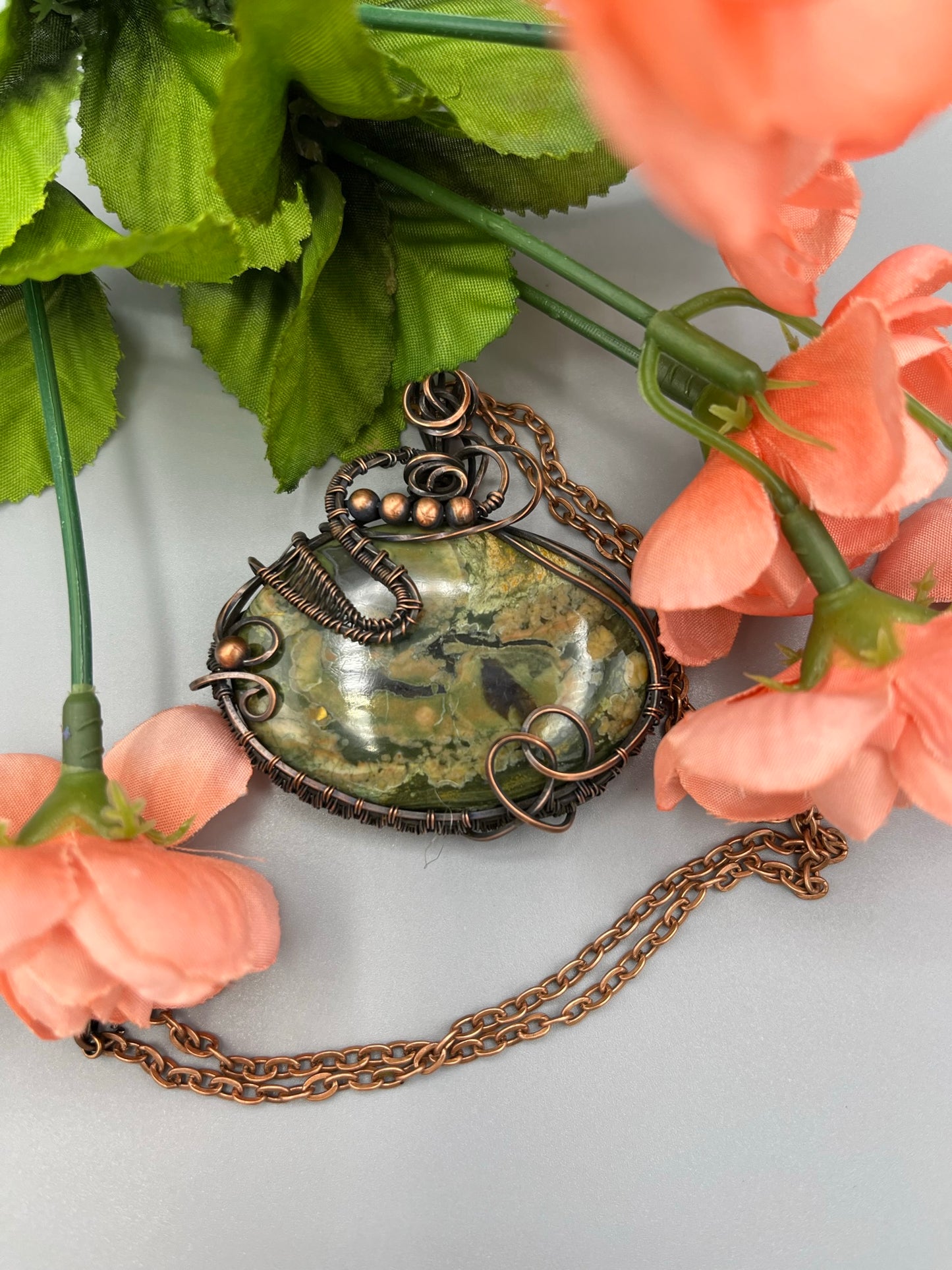 Rain Forest Jasper Oval Wire Wrapped Pendant