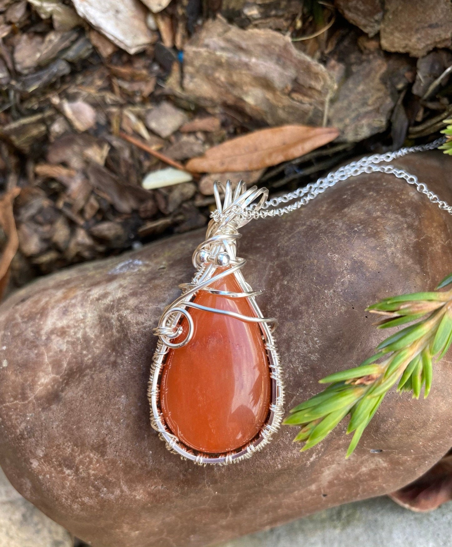 Wire Wrapped Orange Aventurine Teardrop Pendant