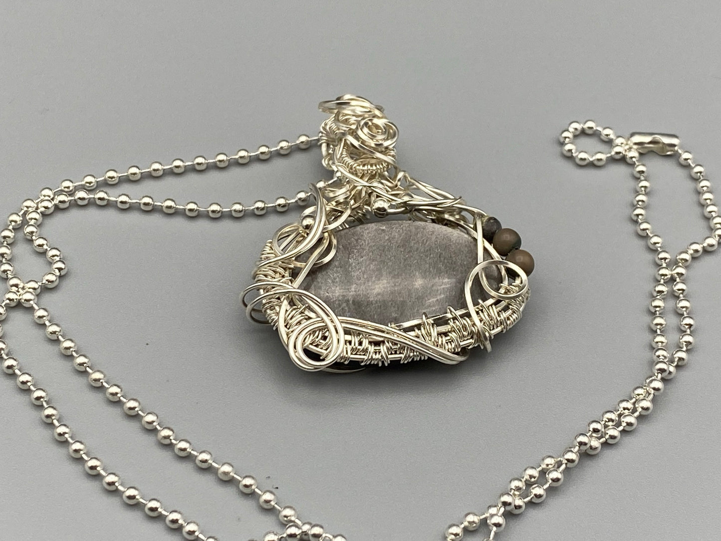 Oval Silver Sheen Obsidian Pendant Wire Wrapped in Silver