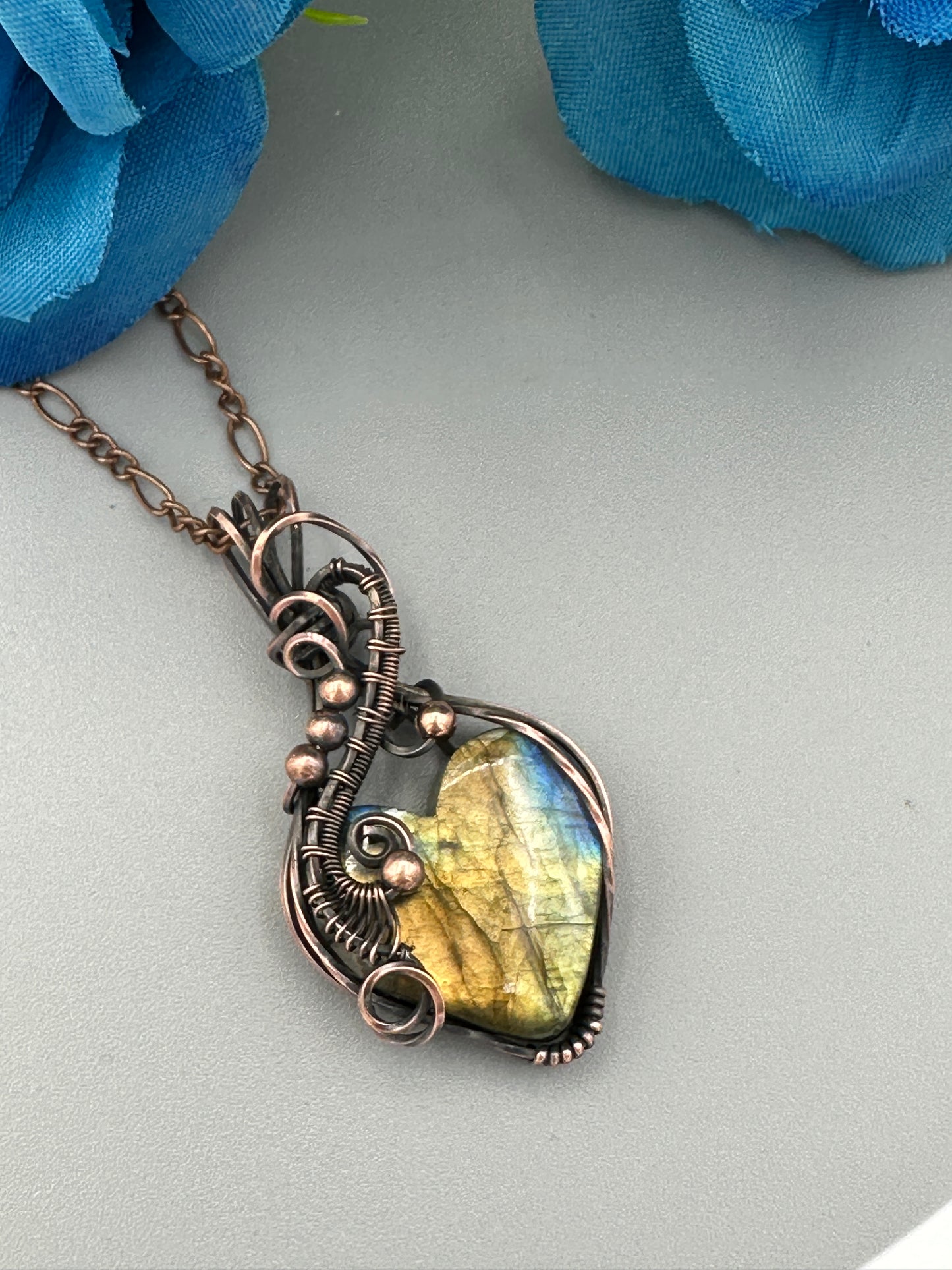 Labradorite Heart Shaped Copper Wire Wrapped Pendant