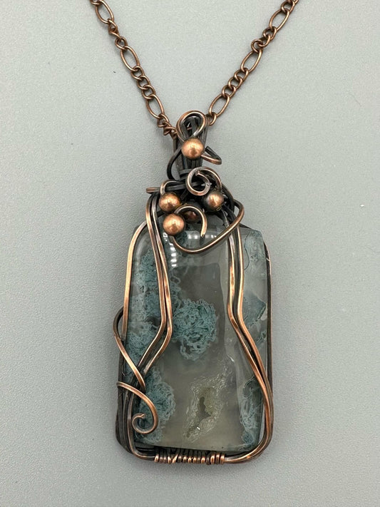 Window Druzy Moss Agate Rectangular Handmade Wire Wrapped Pendant
