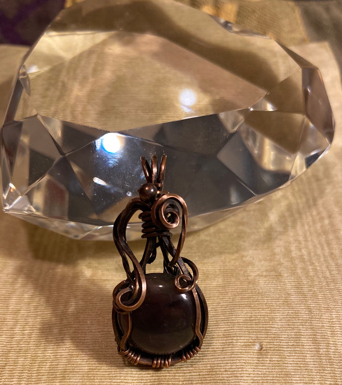 Round Blue Stone Pendant, Handmade, Antiqued Copper Wire Wrapped Necklace